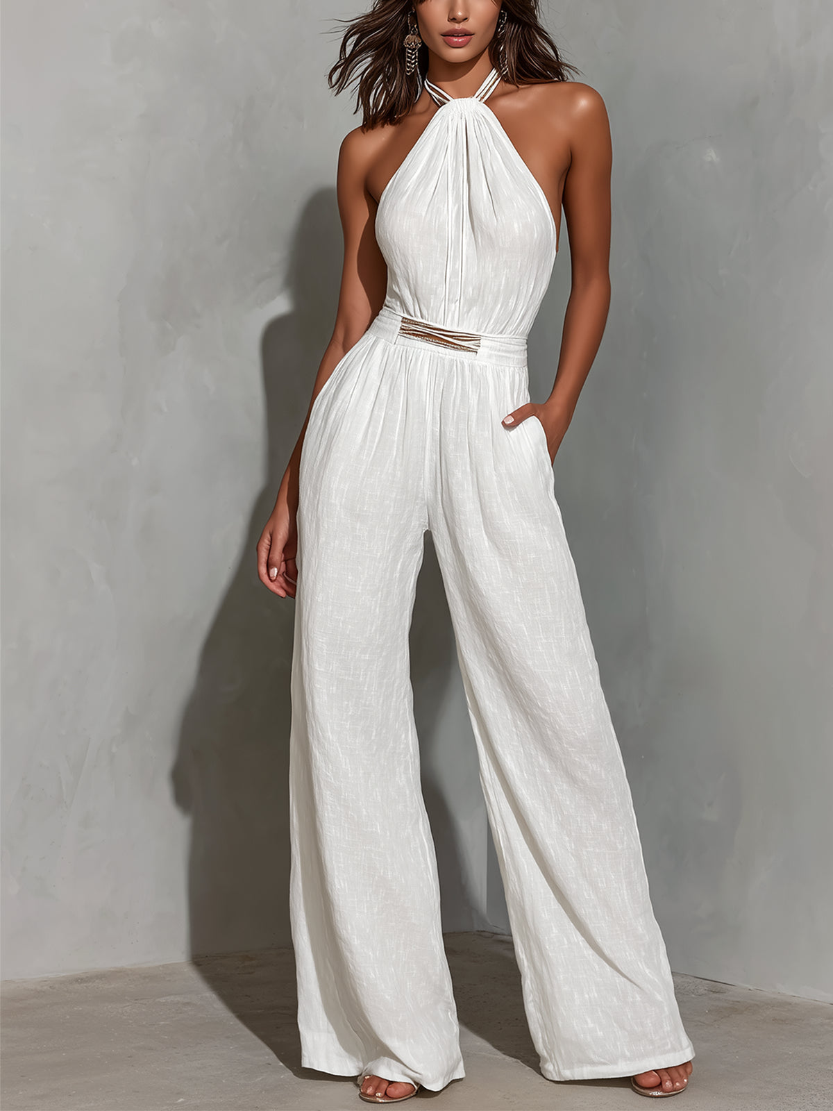 Pauline™ | Faux Katoen-Linnen Halter-Neck Mouwloze Jumpsuit