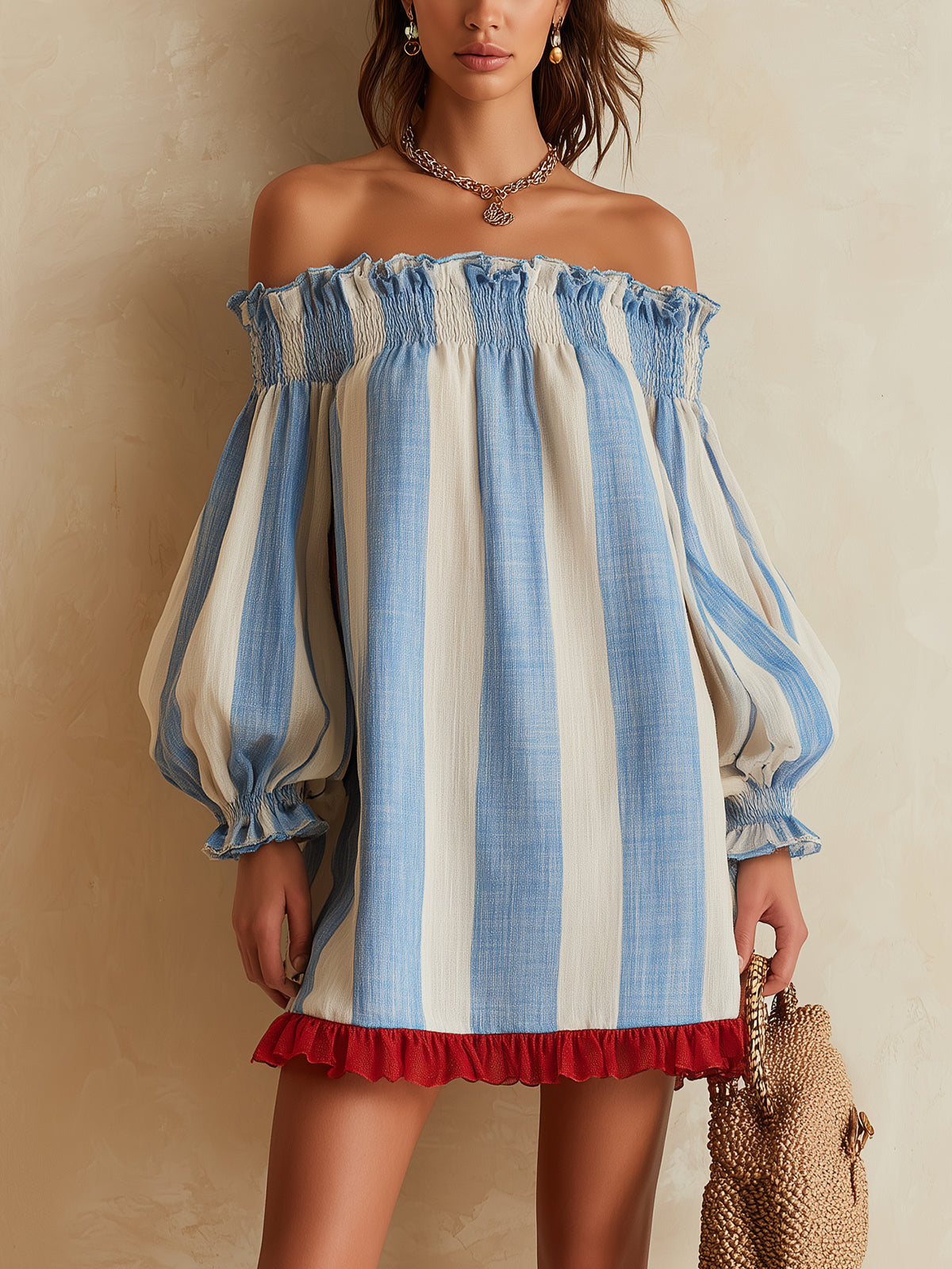 Jolene™ | Gestreepte Off-the-Shoulder Mini-jurk met een Contrasterende Zoom