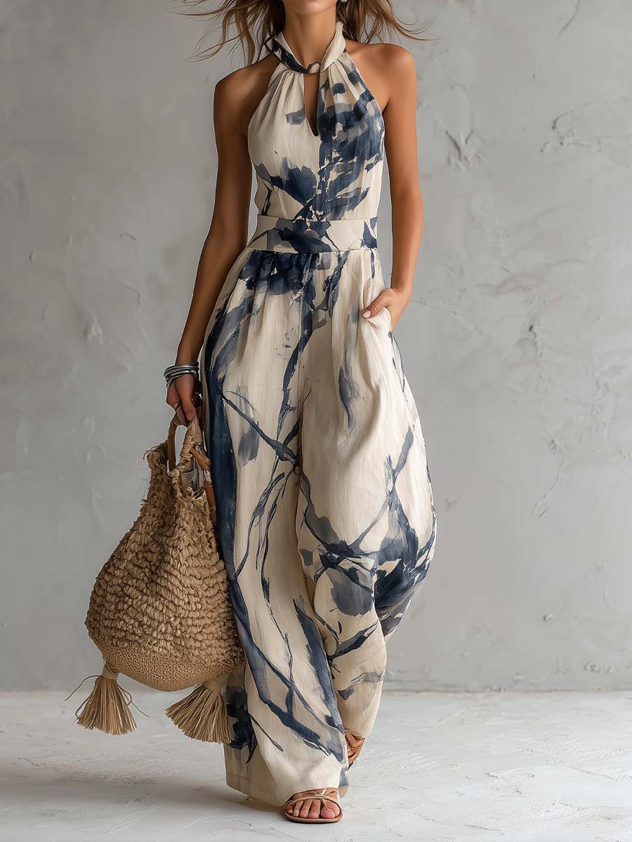 Suzanne™ | Halter Nek Inkt Was Print Wijde Pijpen Jumpsuit met Zakken