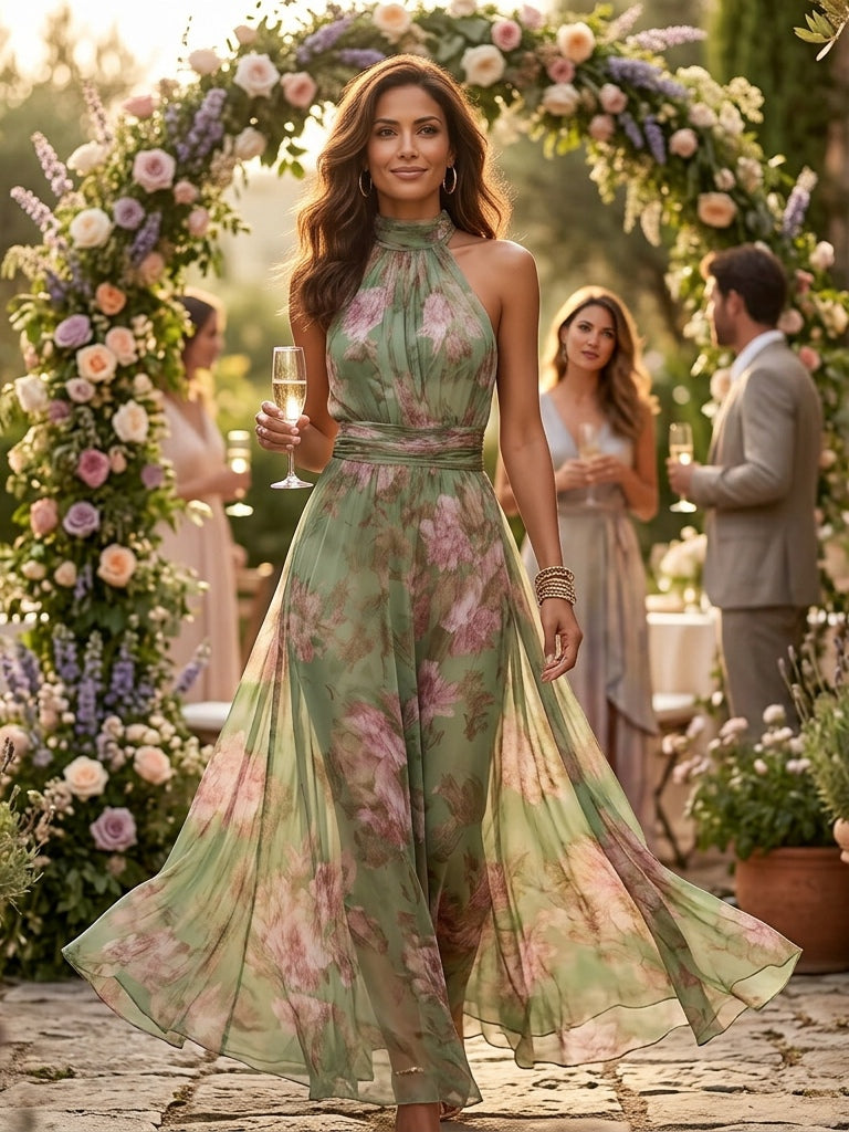 Groene Bloemen Chiffon Halter Maxi Jurk