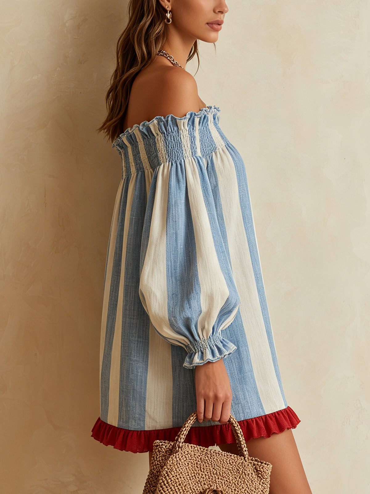 Jolene™ | Gestreepte Off-the-Shoulder Mini-jurk met een Contrasterende Zoom