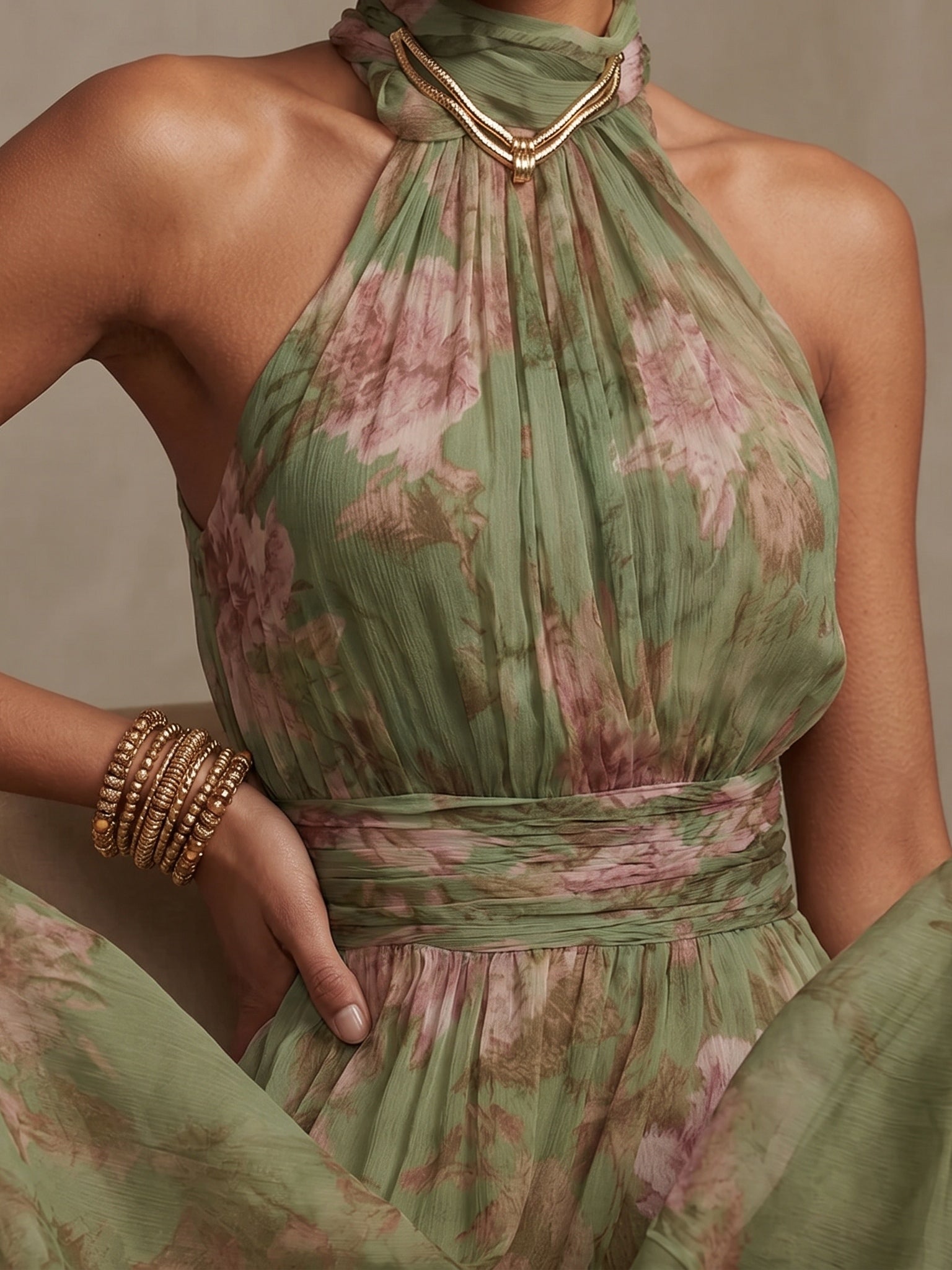 Groene Bloemen Chiffon Halter Maxi Jurk