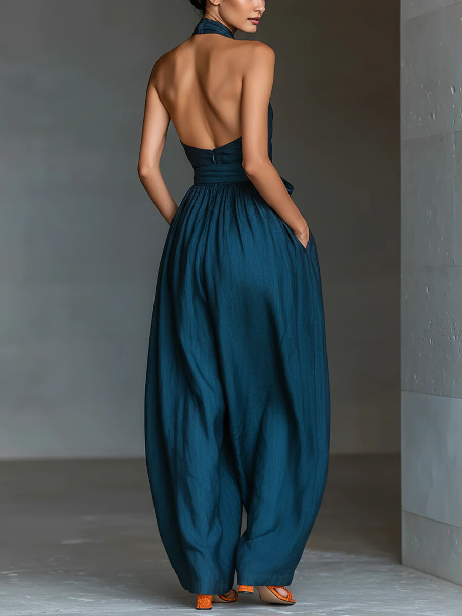 Océane™ | Cross Halter Wijde-Pijpen Jumpsuit met Zakken aan de Zijkant