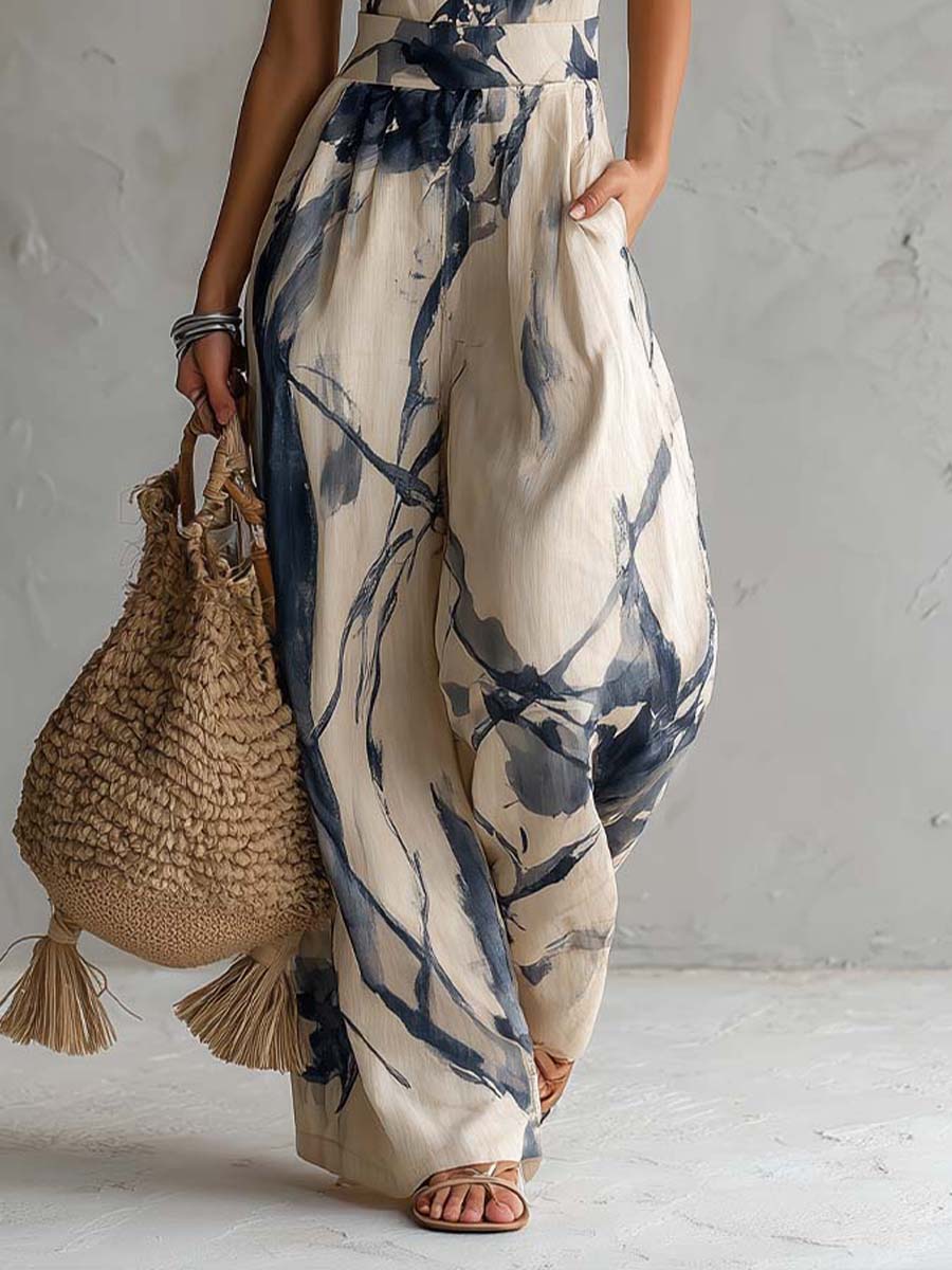 Suzanne™ | Halter Nek Inkt Was Print Wijde Pijpen Jumpsuit met Zakken