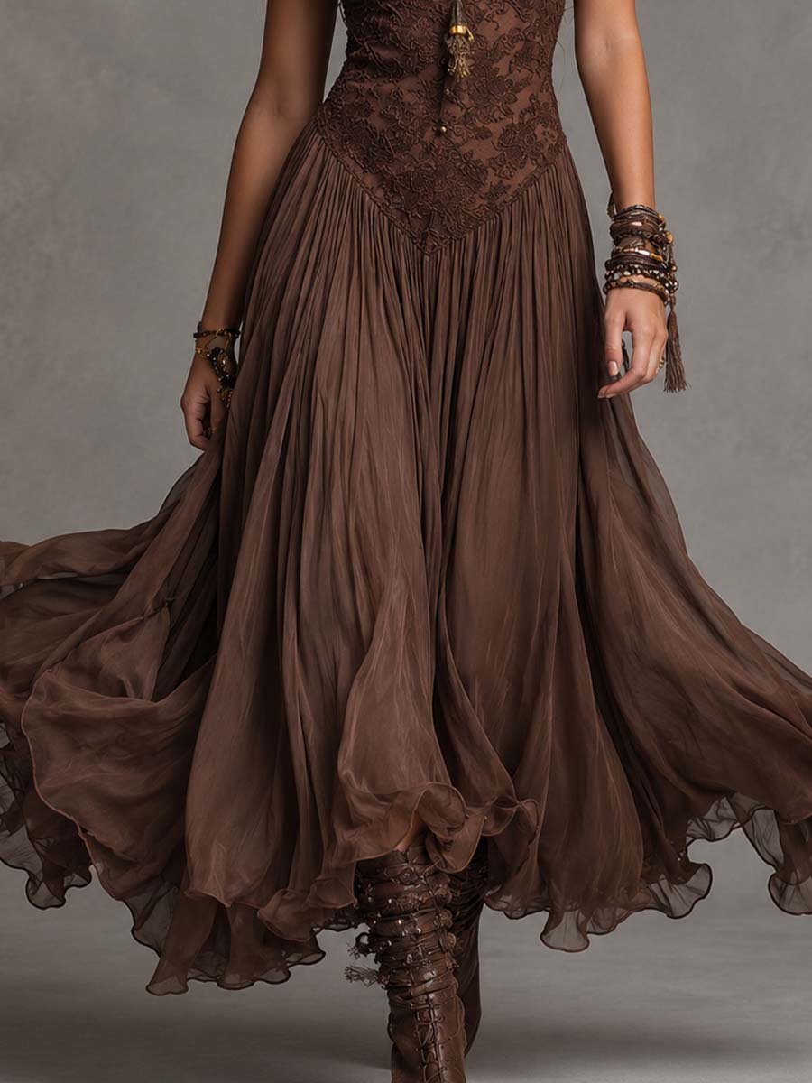 Donkerbruin Chiffon Maxi Jurk met Kantpanelen