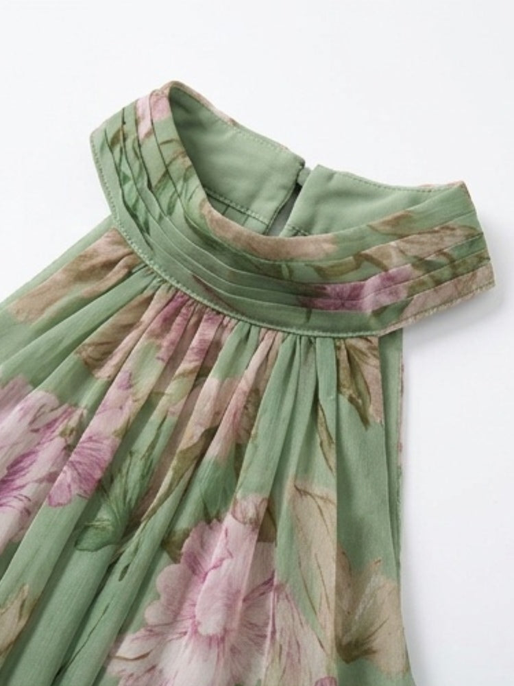 Groene Bloemen Chiffon Halter Maxi Jurk
