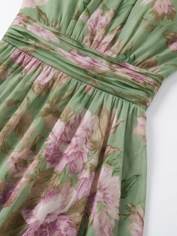 Groene Bloemen Chiffon Halter Maxi Jurk