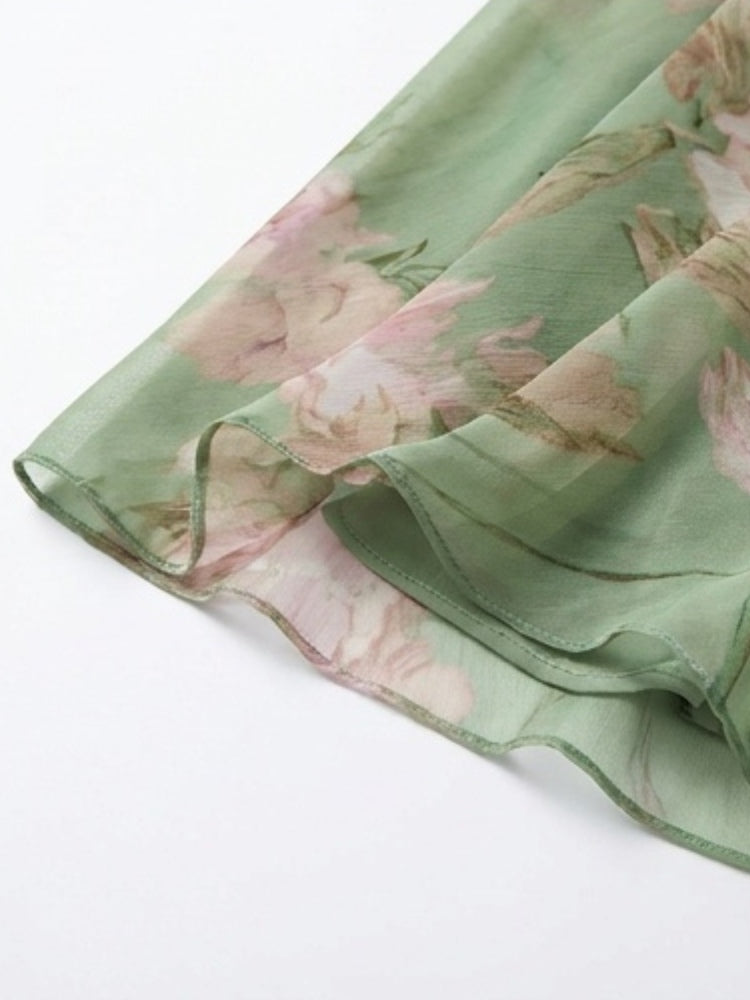 Groene Bloemen Chiffon Halter Maxi Jurk