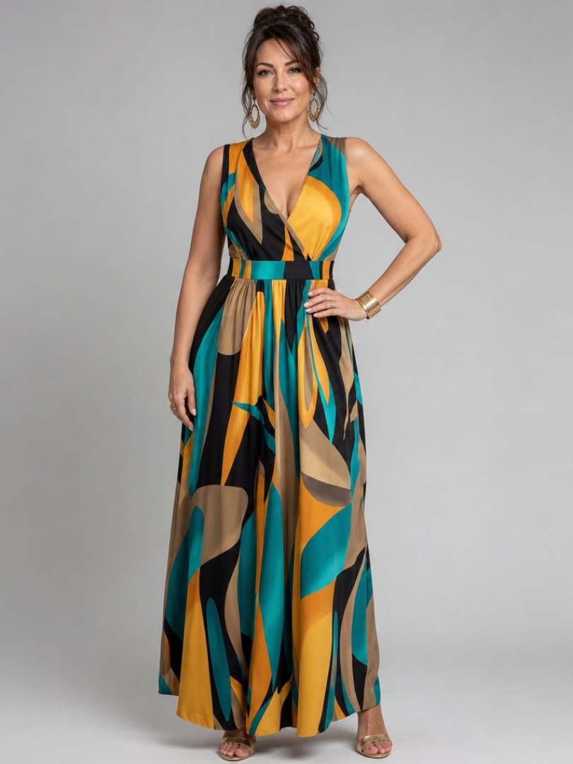 Zarela | Mouwloze Maxi Jurk met Abstracte Print
