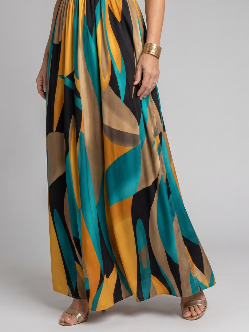 Zarela | Mouwloze Maxi Jurk met Abstracte Print