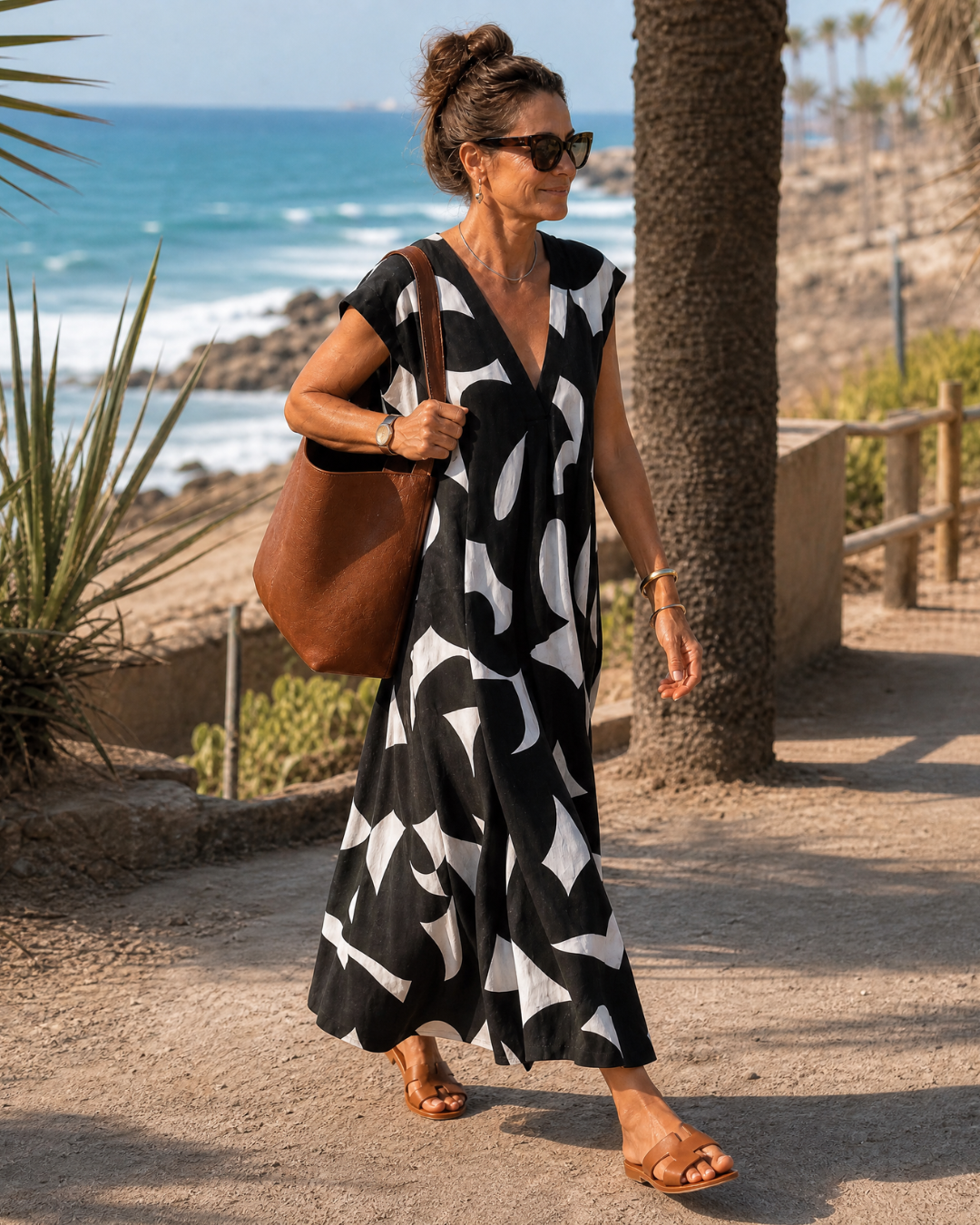 Verain | Abstracte Print V-Hals Vloeiende Midi Jurk