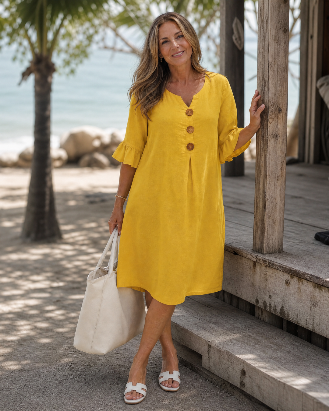 Comros | Knopdetail Rimpel Mouw Relaxed Midi Jurk