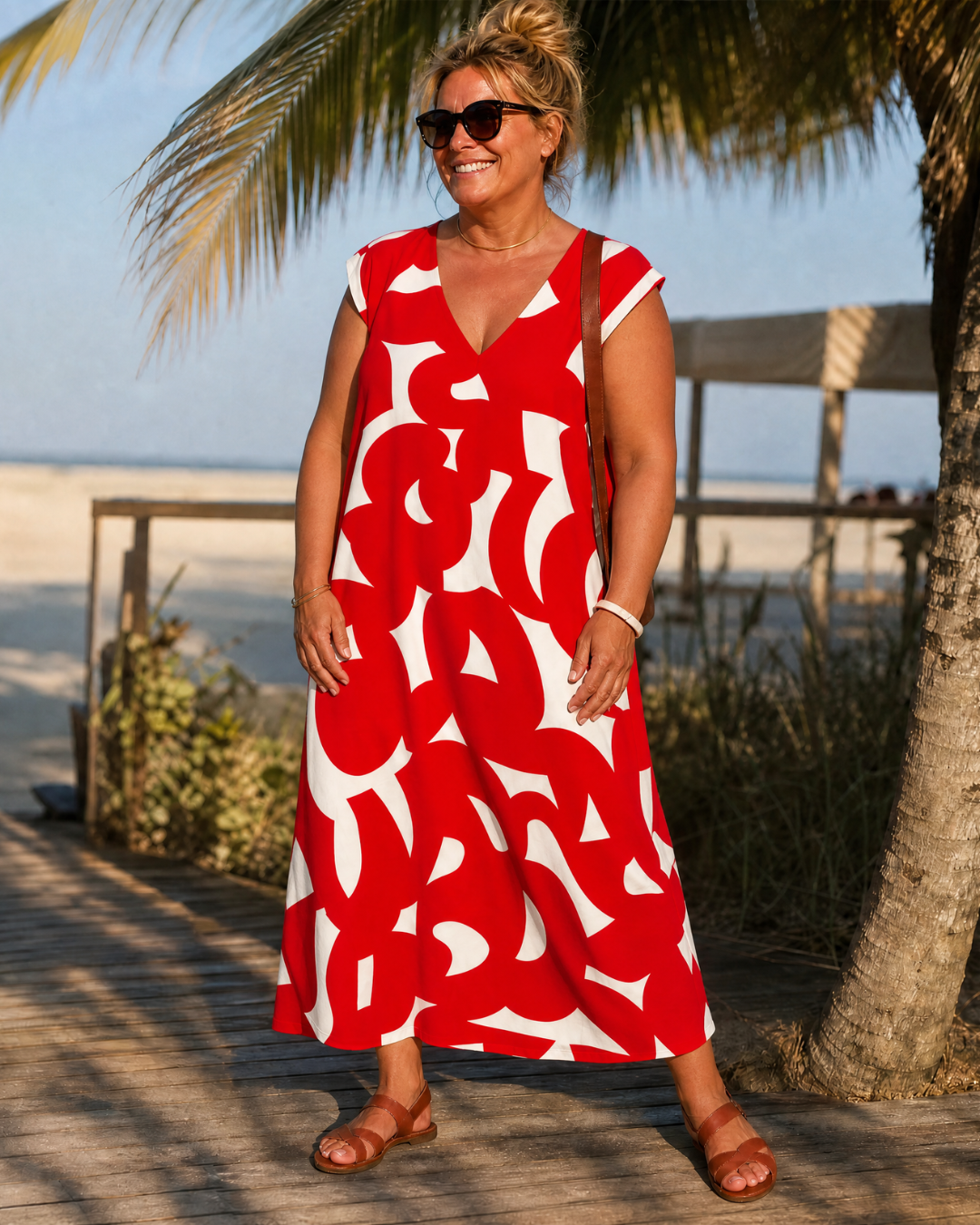 Verain | Abstracte Print V-Hals Vloeiende Midi Jurk