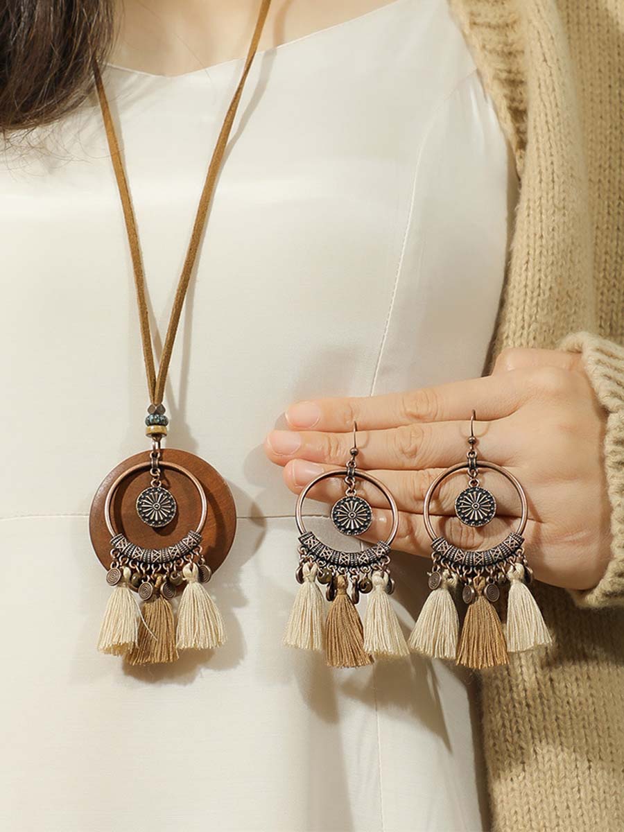 Vintage Versleten Bohemian Tassel Ketting Oorbellen Set