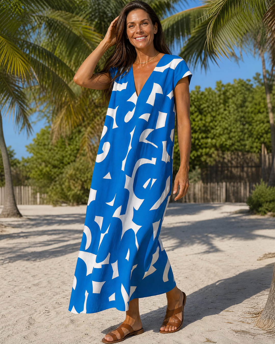 Verain | Abstracte Print V-Hals Vloeiende Midi Jurk