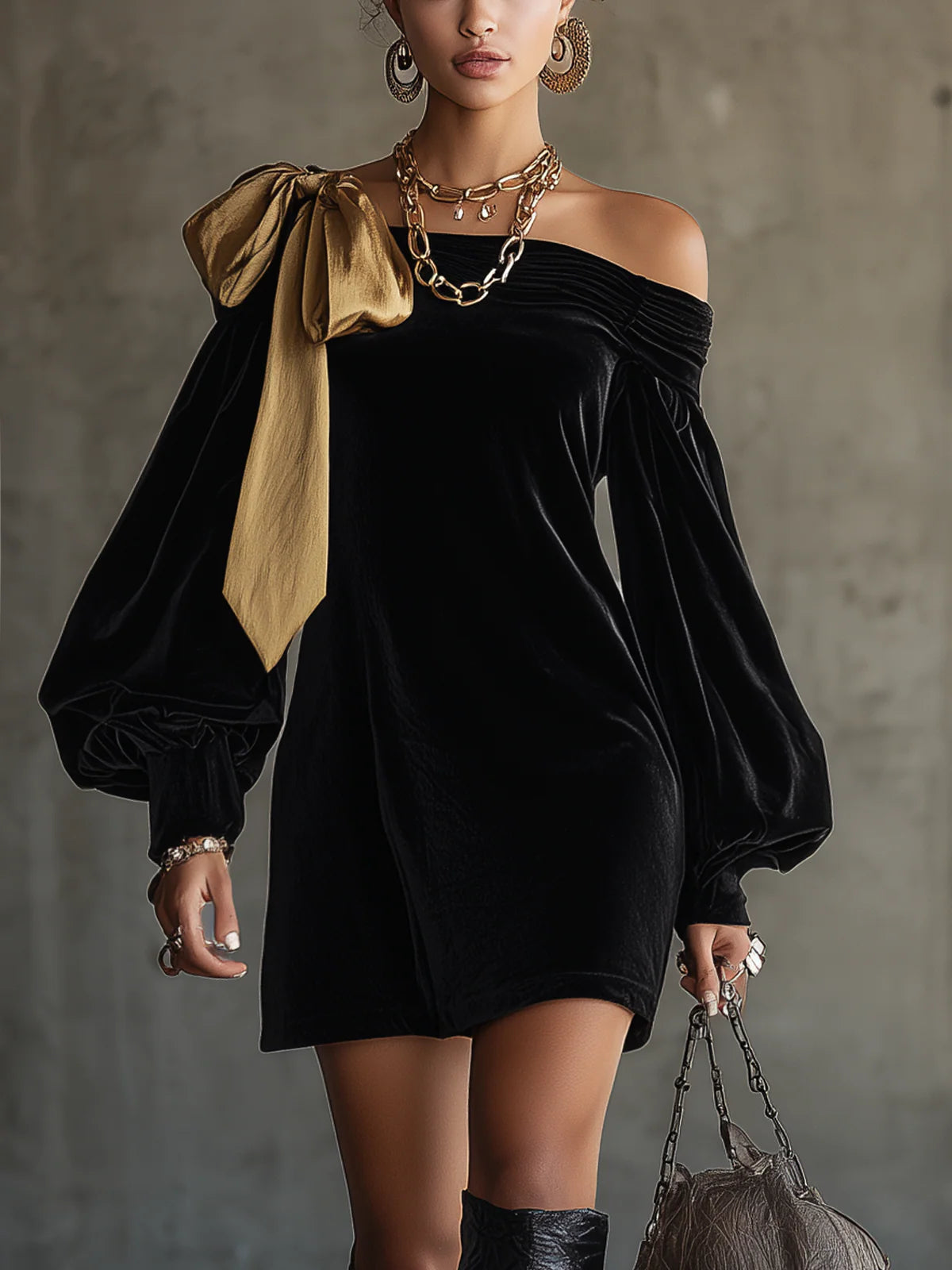 Ondine™ | Fluwelen en Gouden Satijnen Patchwork Off-the-Shoulder Mini Jurk