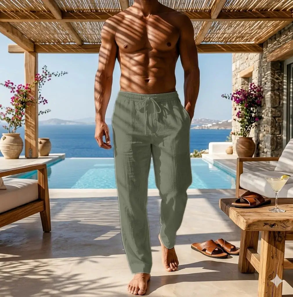 Zomer herenbroek van puur katoen, linnen, lichtgewicht, ademend, losse broek met trekkoord, effen kleur, strand, casual lange broek, M-4XL