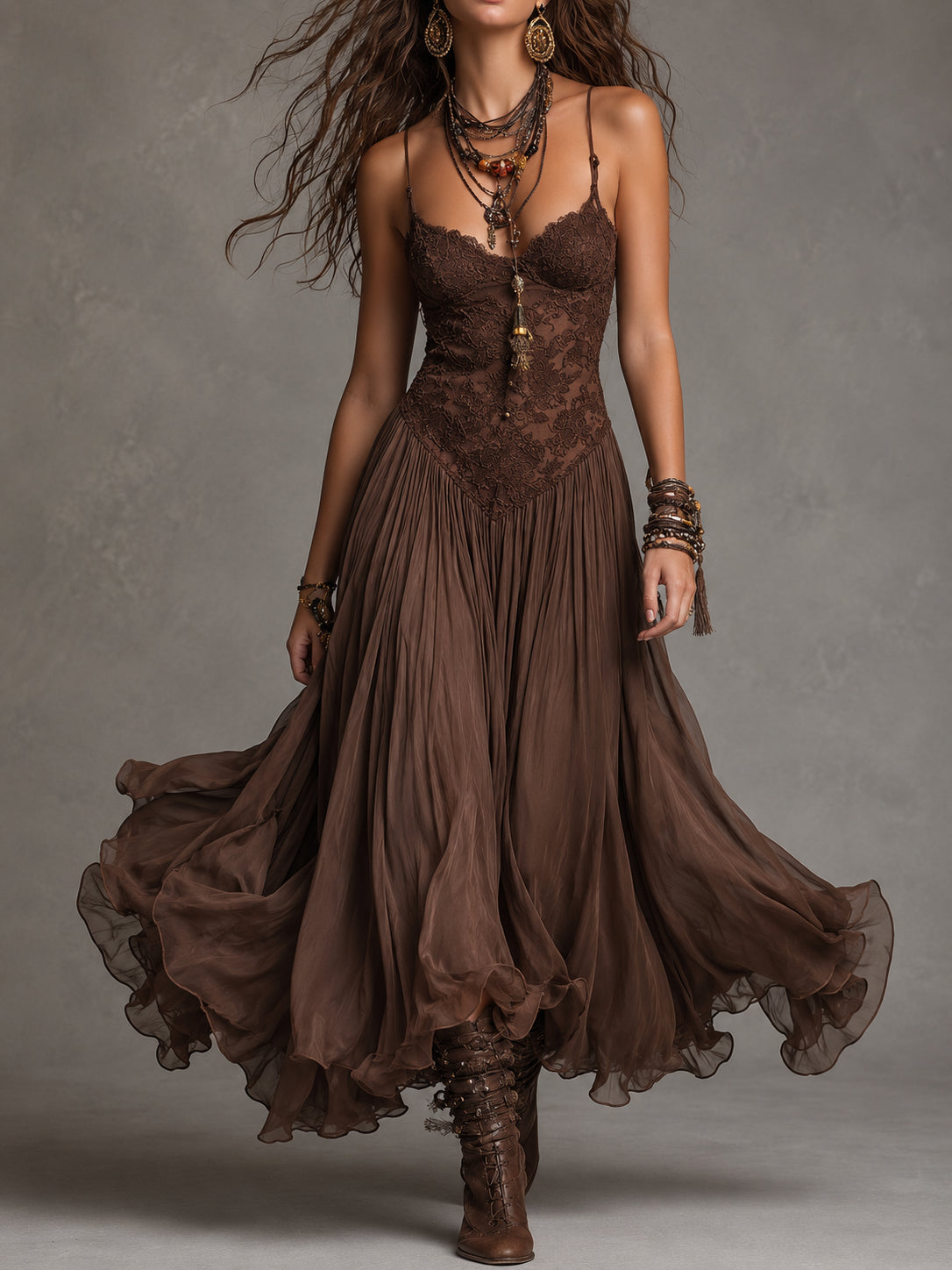 Donkerbruin Chiffon Maxi Jurk met Kantpanelen