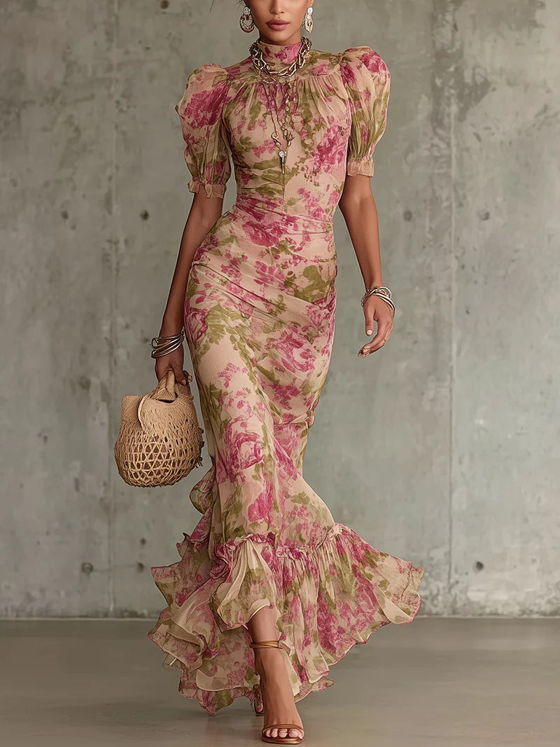 Vintage Rozenprint Maxi Jurk Met Pofmouwen (Accessoires niet inbegrepen)
