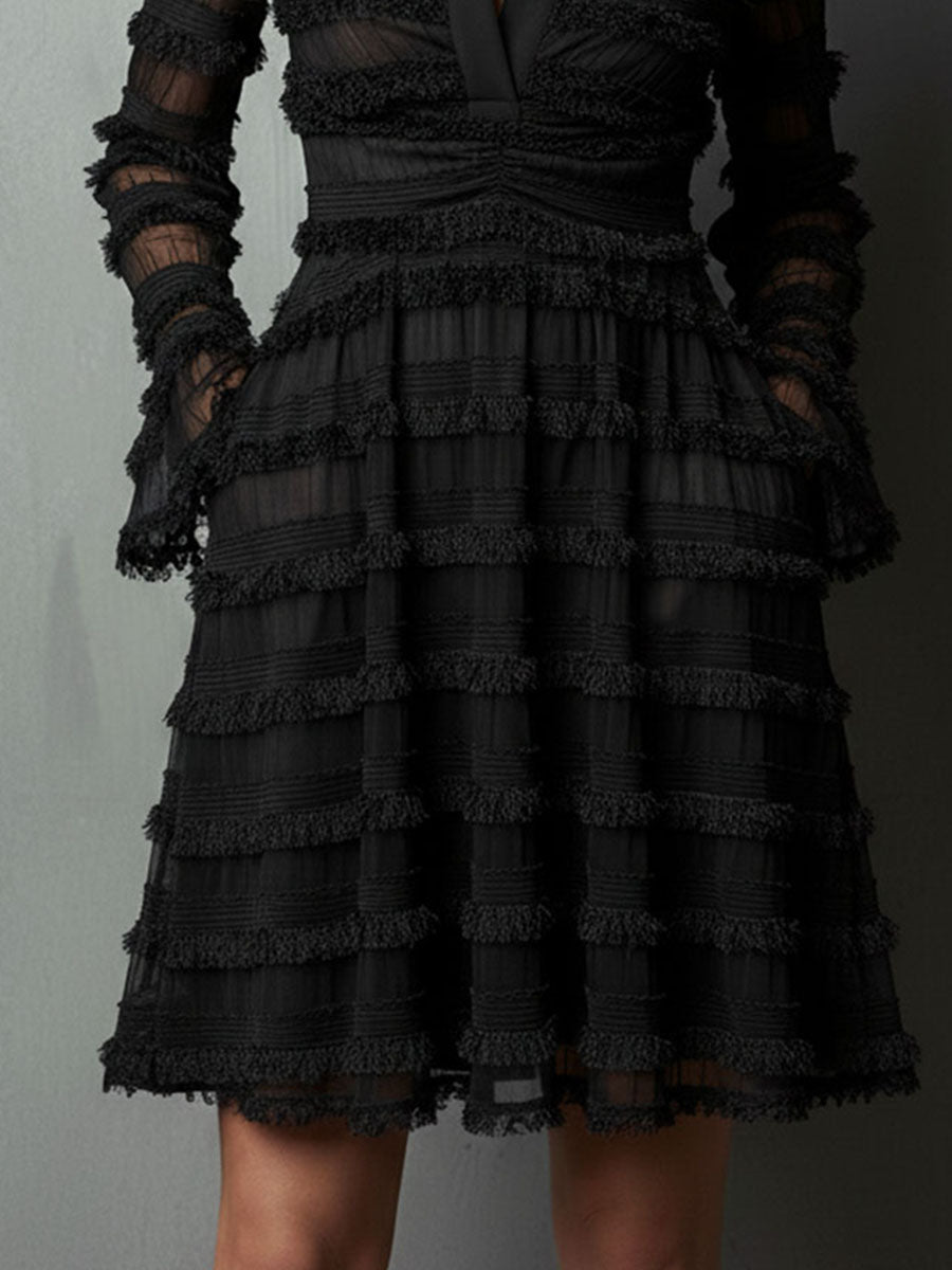 Salome™ | Franje Textured Sheer Gelaagde Mini Jurk