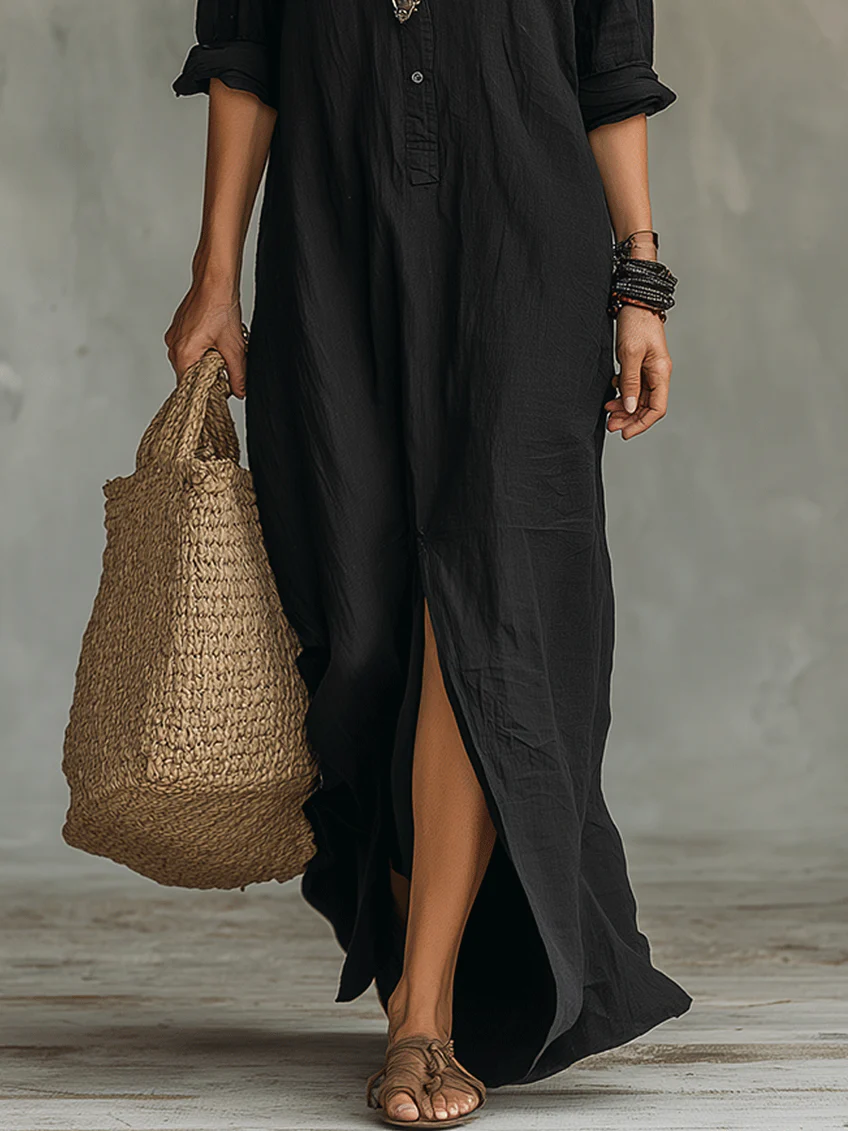Soline™ | Maxi zwarte jurk met knopen