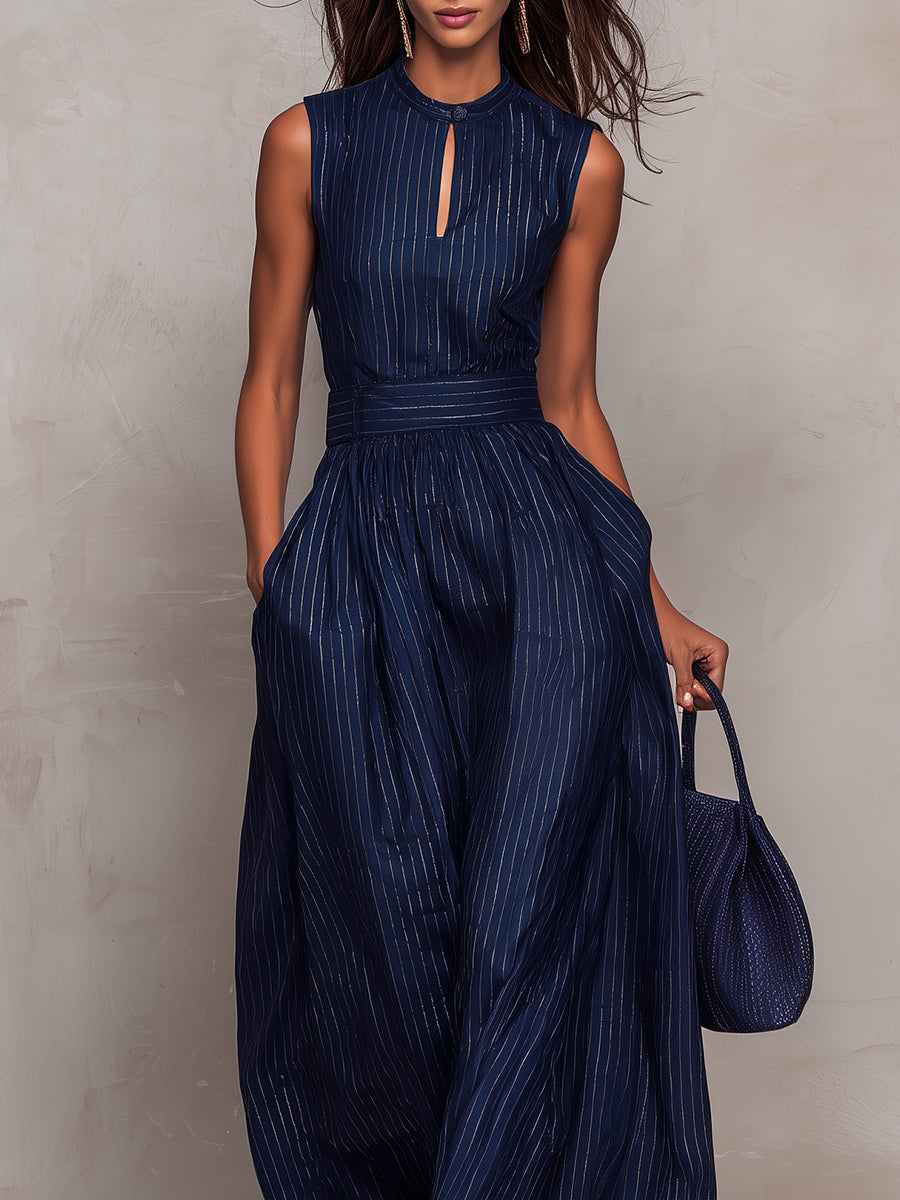 Roxane™ | Gestreepte Sleutelgat Halslijn Wijde Pijpen Jumpsuit