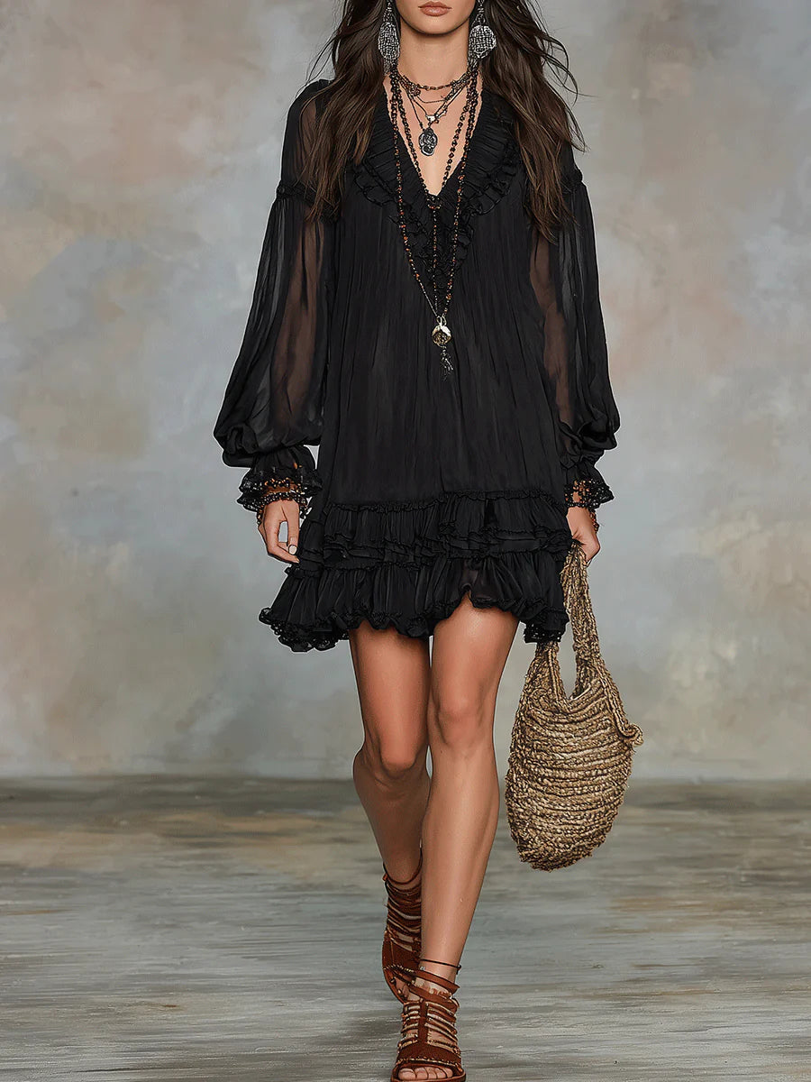 Gwen™ | V-hals Lantaarnmouw Rimpel Chiffon Mini Jurk