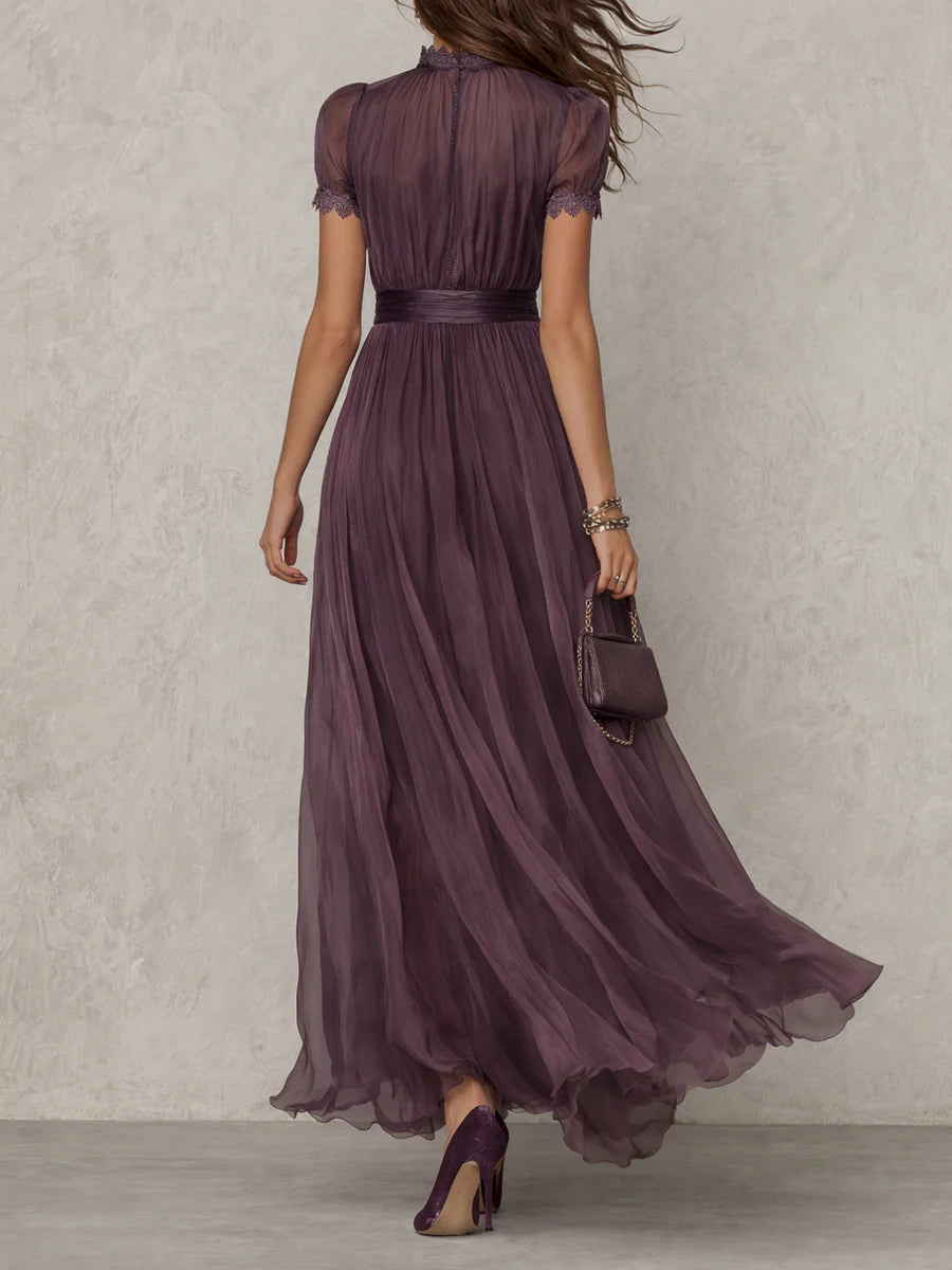 Paarse Sleutelgat Halslijn Chiffon Kant Trim Maxi Jurk