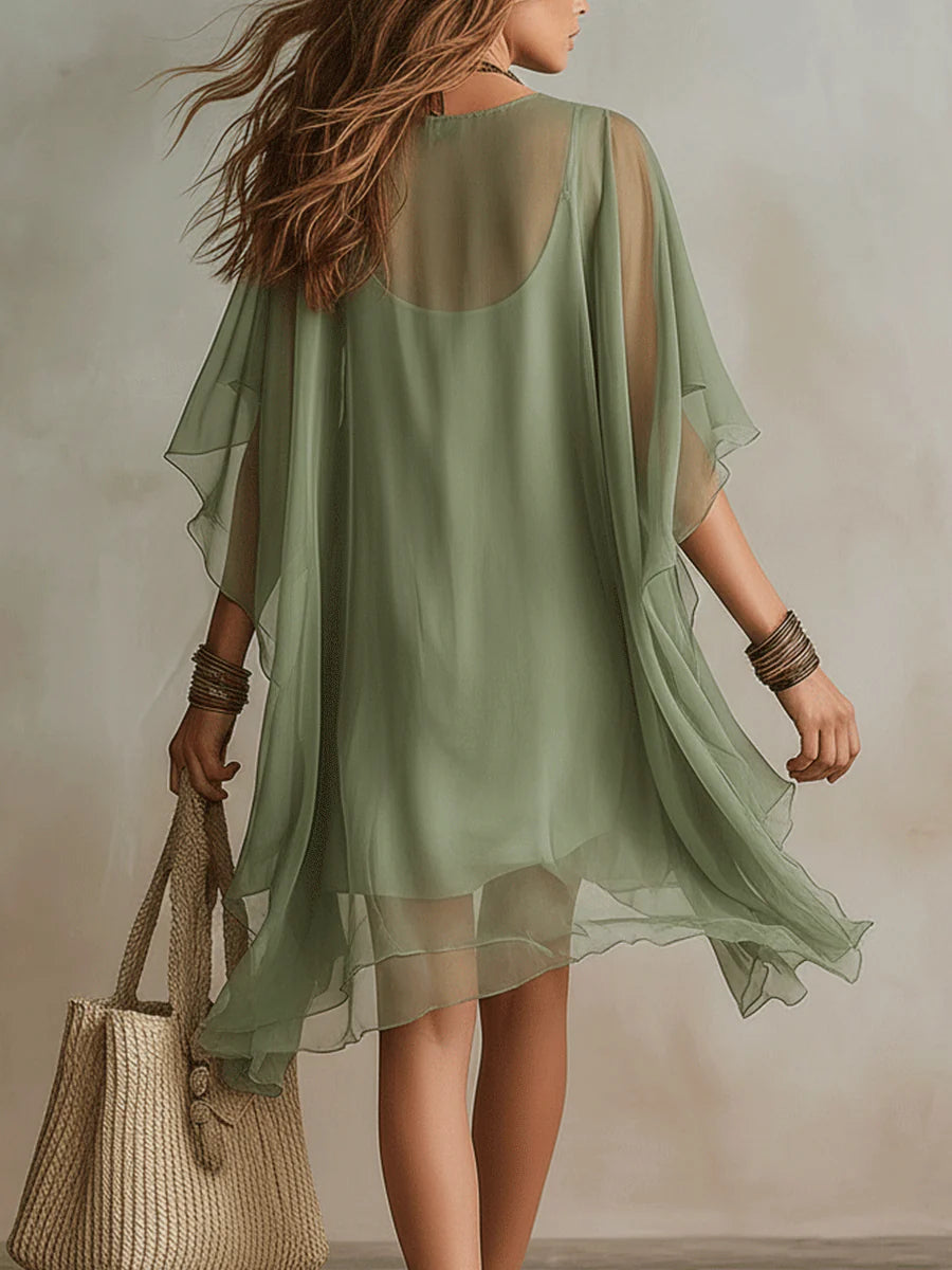 Groene Chiffon V-hals Gelaagde Vloeiende Mini Jurk