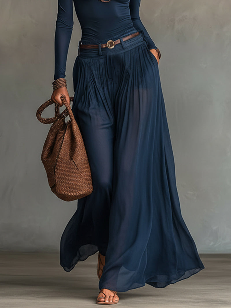 Marineblauwe Een-schouder Top En Transparante Tulle Rok Twee-delige Set (met riem)