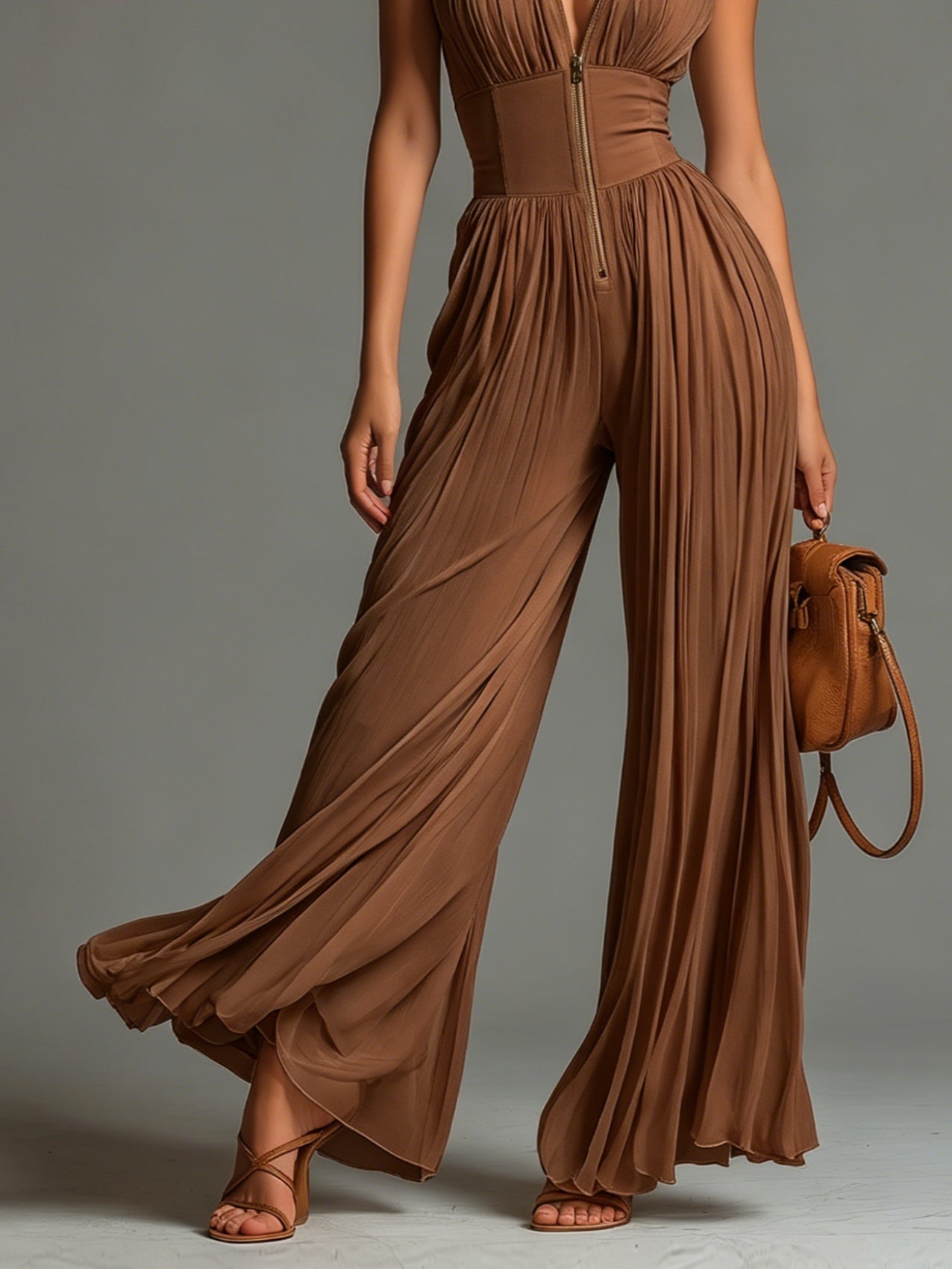 Véronique™ | V-hals Mouwloze Rits Plissé Wijdpijpen Chiffon Jumpsuit