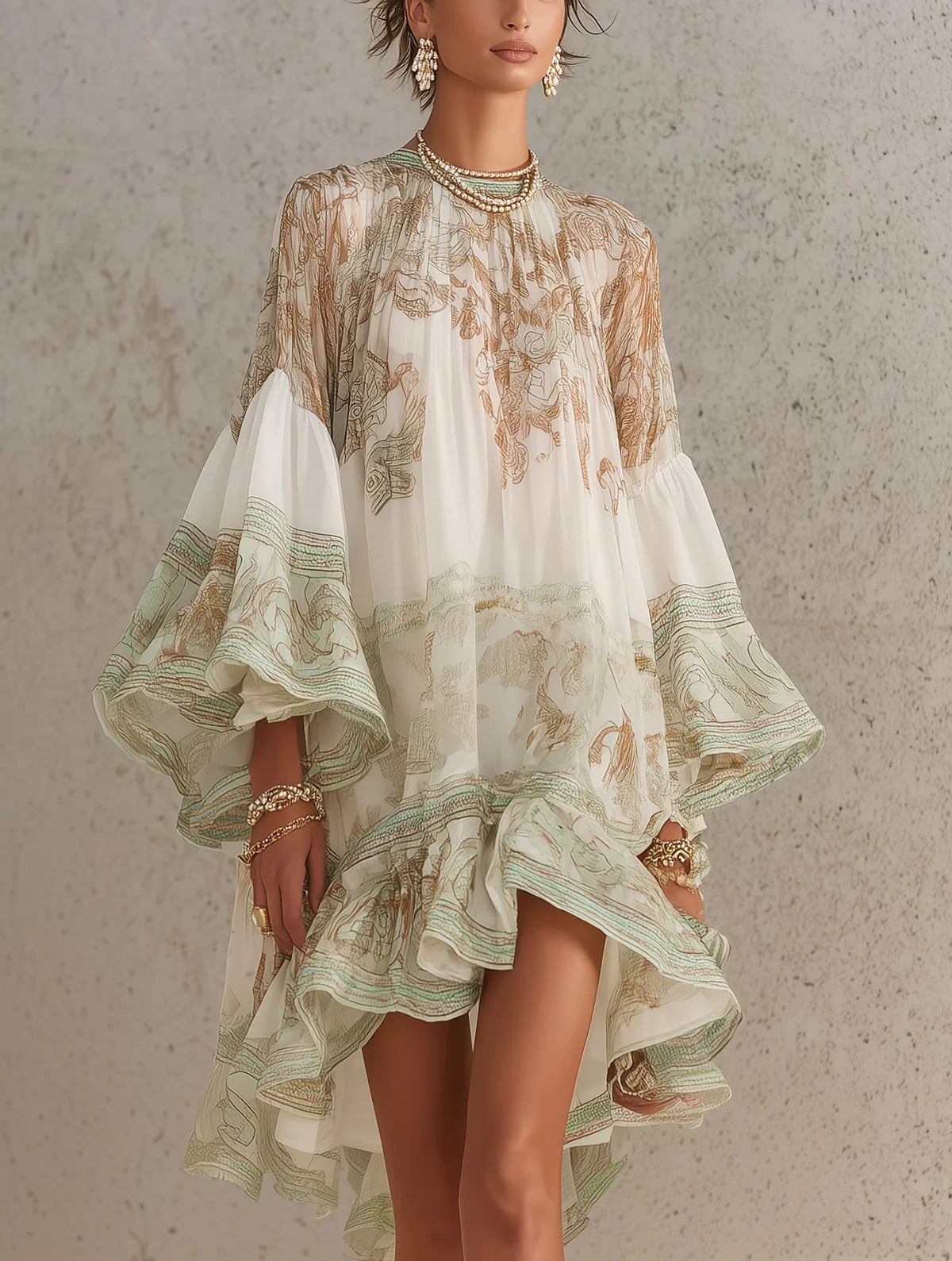 Maren™ | Geprinte Ruffle Hem Flounce Sleeve Chiffon Mini Jurk