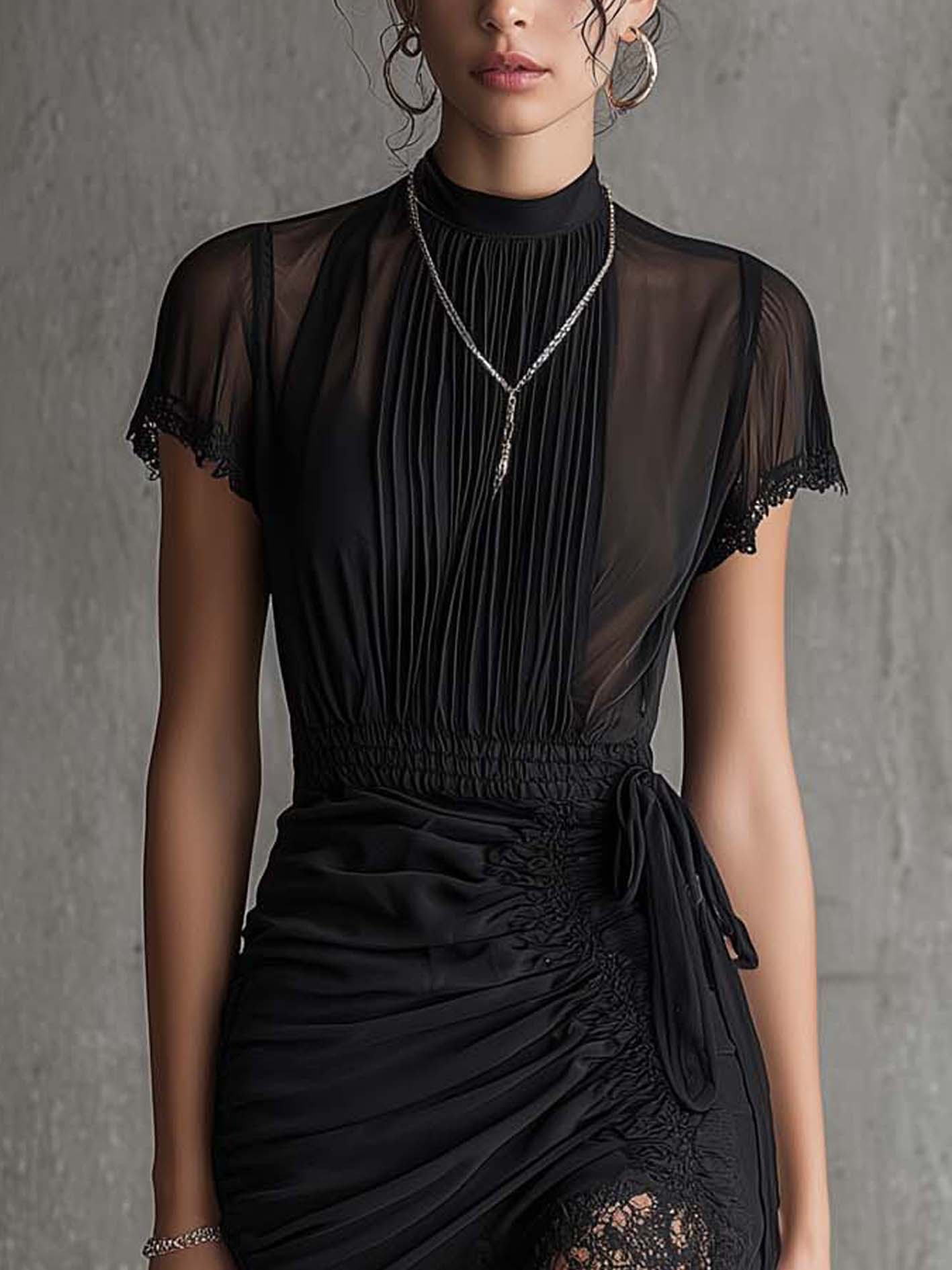 Yasmin™ | Chiffon Geplooide Taille Kanten Mini-jurk