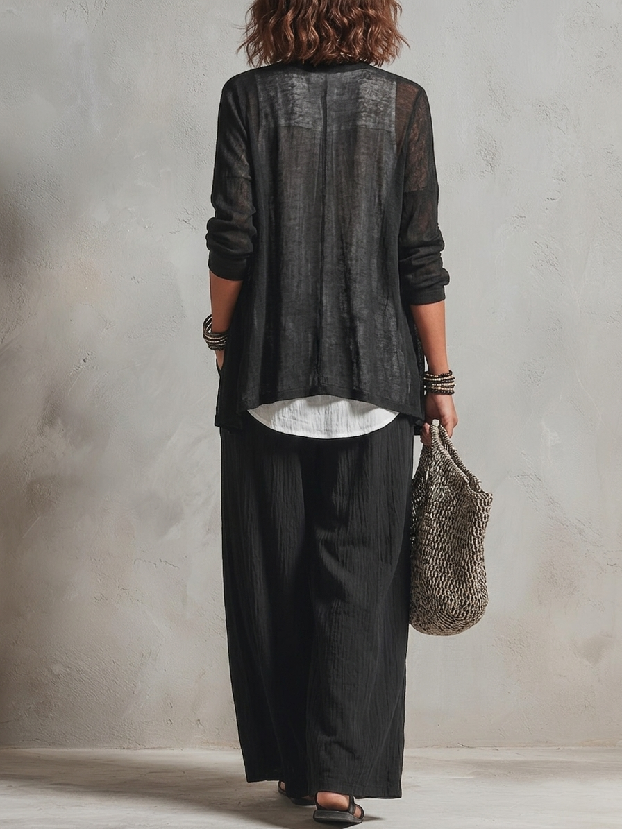 Minimalistische Laagjes Vest Cardigan En Wijde Broek Drie-delige Set