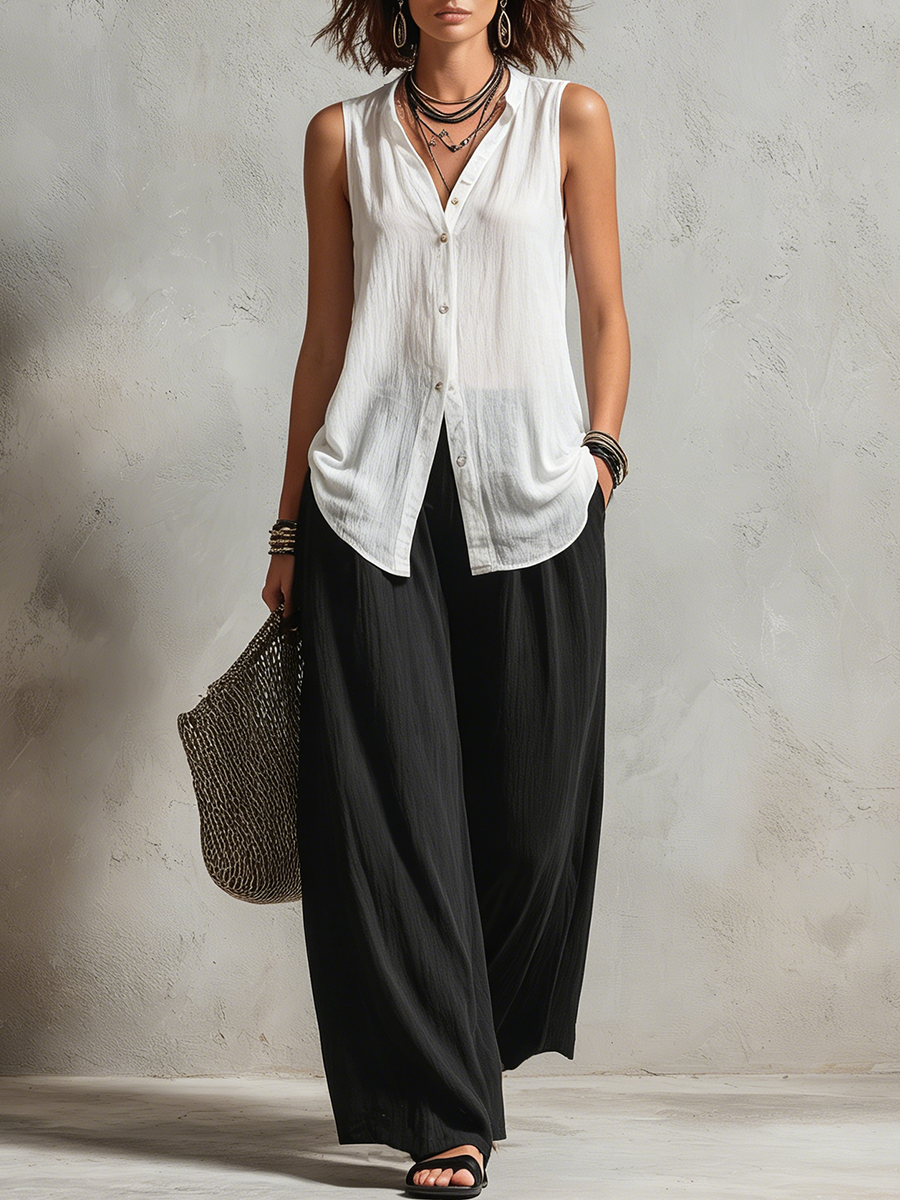Minimalistische Laagjes Vest Cardigan En Wijde Broek Drie-delige Set