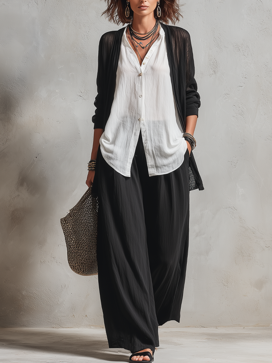 Minimalistische Laagjes Vest Cardigan En Wijde Broek Drie-delige Set