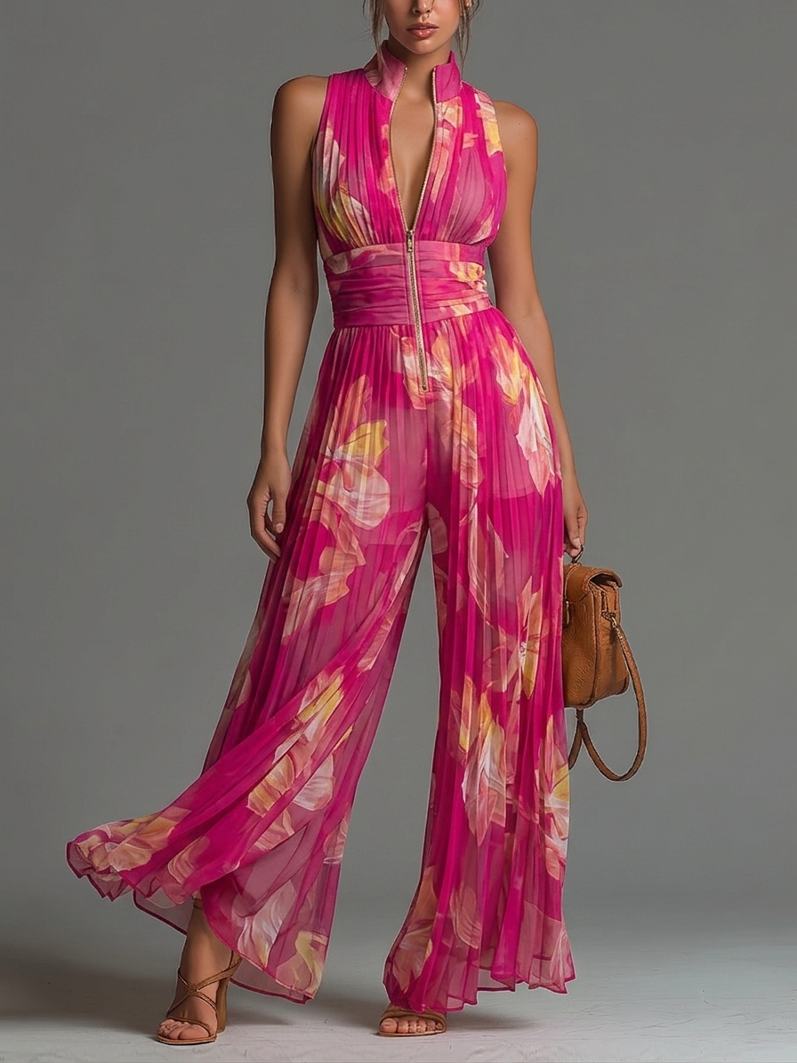 Céline™ | Bloemenprint Mouwloze Rits Plissé Wijde Chiffon Jumpsuit