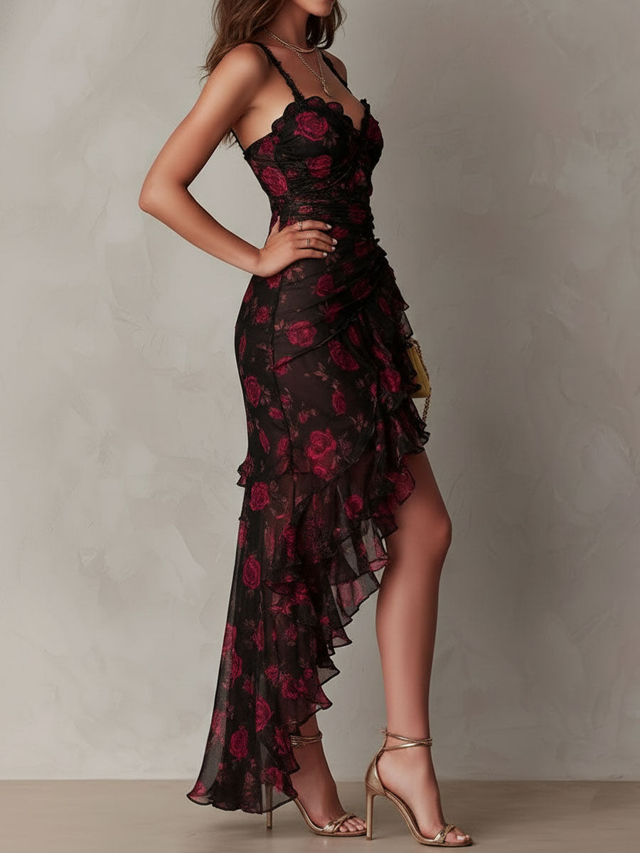 Chic Zwart En Rood Bloemen Rimpel Ruffle Zoom Jurk