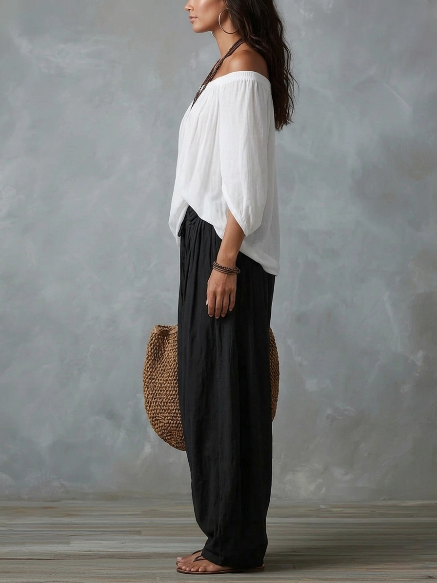 Witte Off-shoulder Top En Loszittende Lantaarnbroek Set