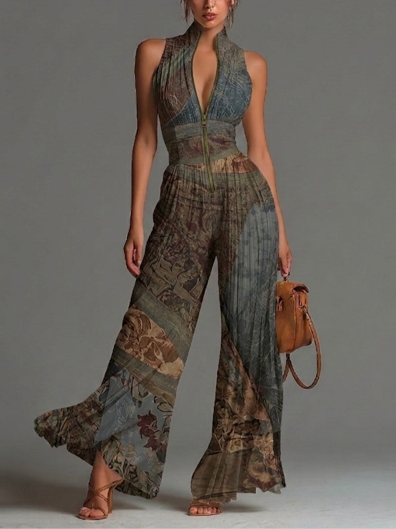 Eugénie™ | Bohemian Etnische Print Mouwloze Rits Plissé Wijde Chiffon Jumpsuit