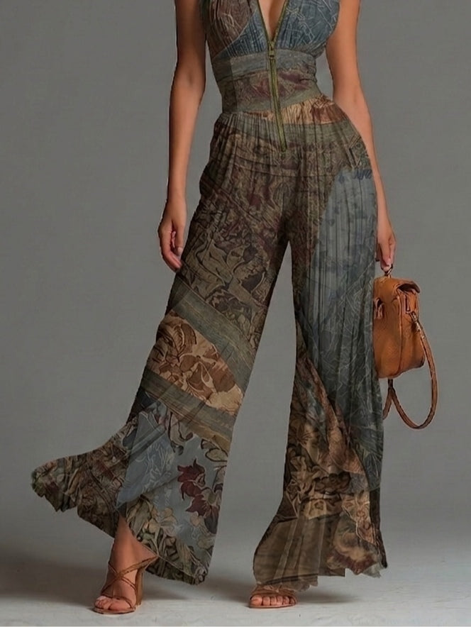 Eugénie™ | Bohemian Etnische Print Mouwloze Rits Plissé Wijde Chiffon Jumpsuit