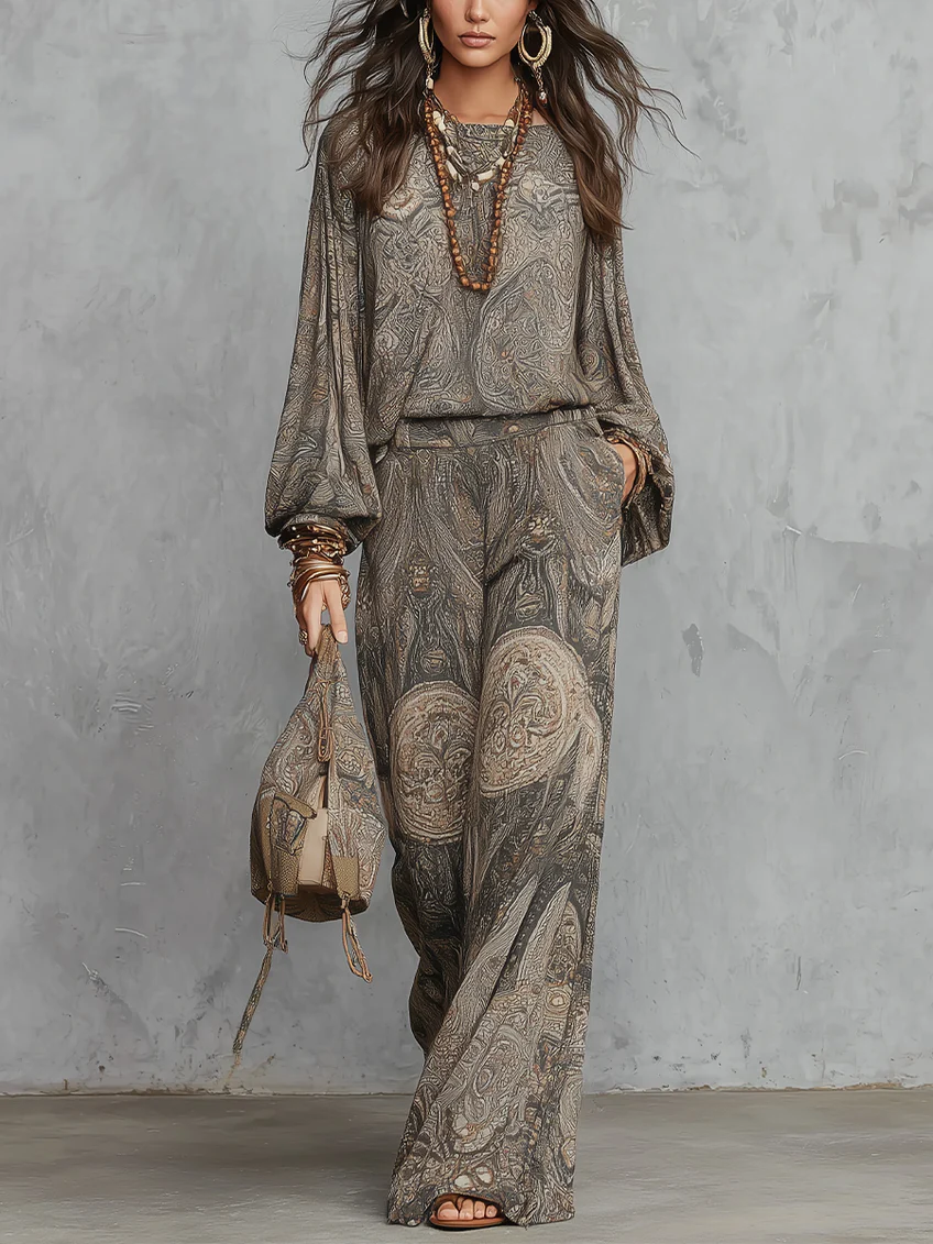 Grijze Paisley Patroon Lantern Mouw Top En Wijde Broek Set