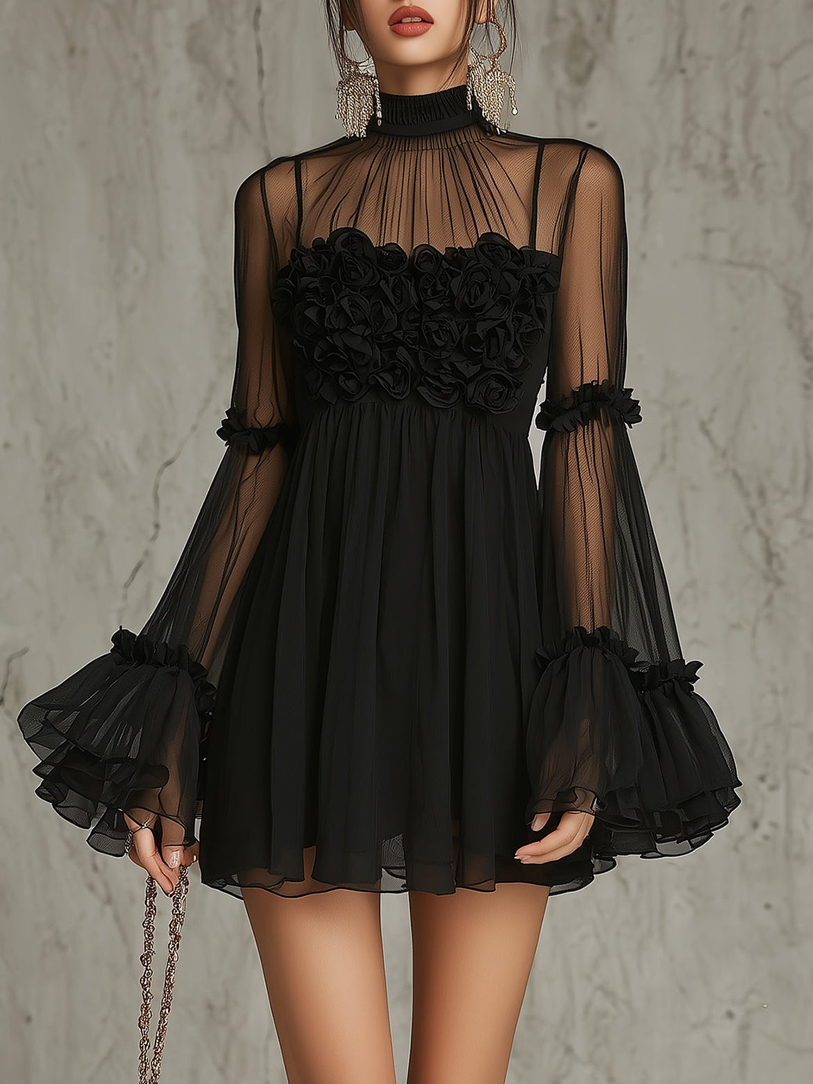 Thora™ | Doorzichtige Bloemapplicatie Hoge Hals Geplooide Chiffon Mini Jurk