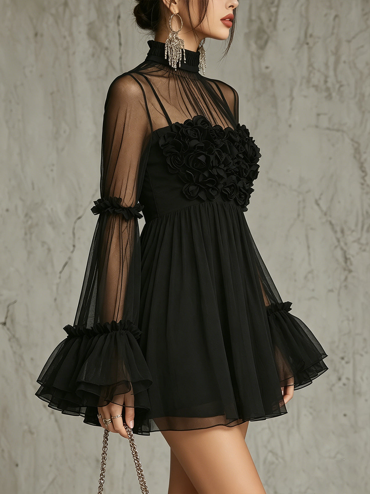 Thora™ | Doorzichtige Bloemapplicatie Hoge Hals Geplooide Chiffon Mini Jurk