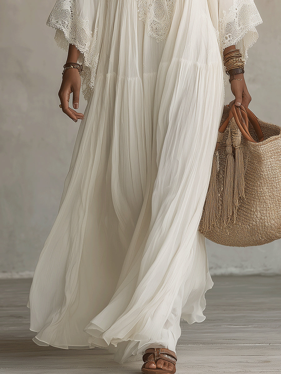 Witte Kanten V-hals Batwing Mouw Chiffon Maxi Jurk
