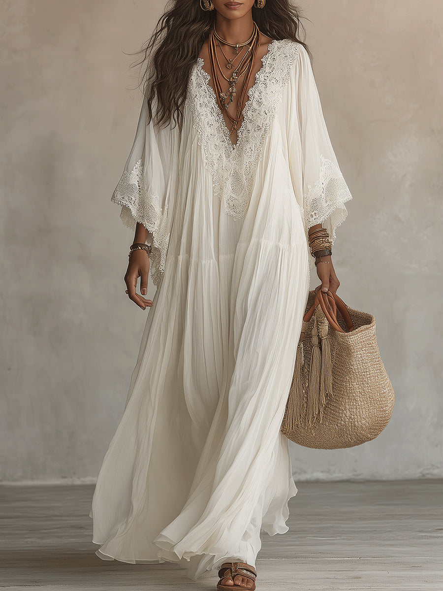 Witte Kanten V-hals Batwing Mouw Chiffon Maxi Jurk