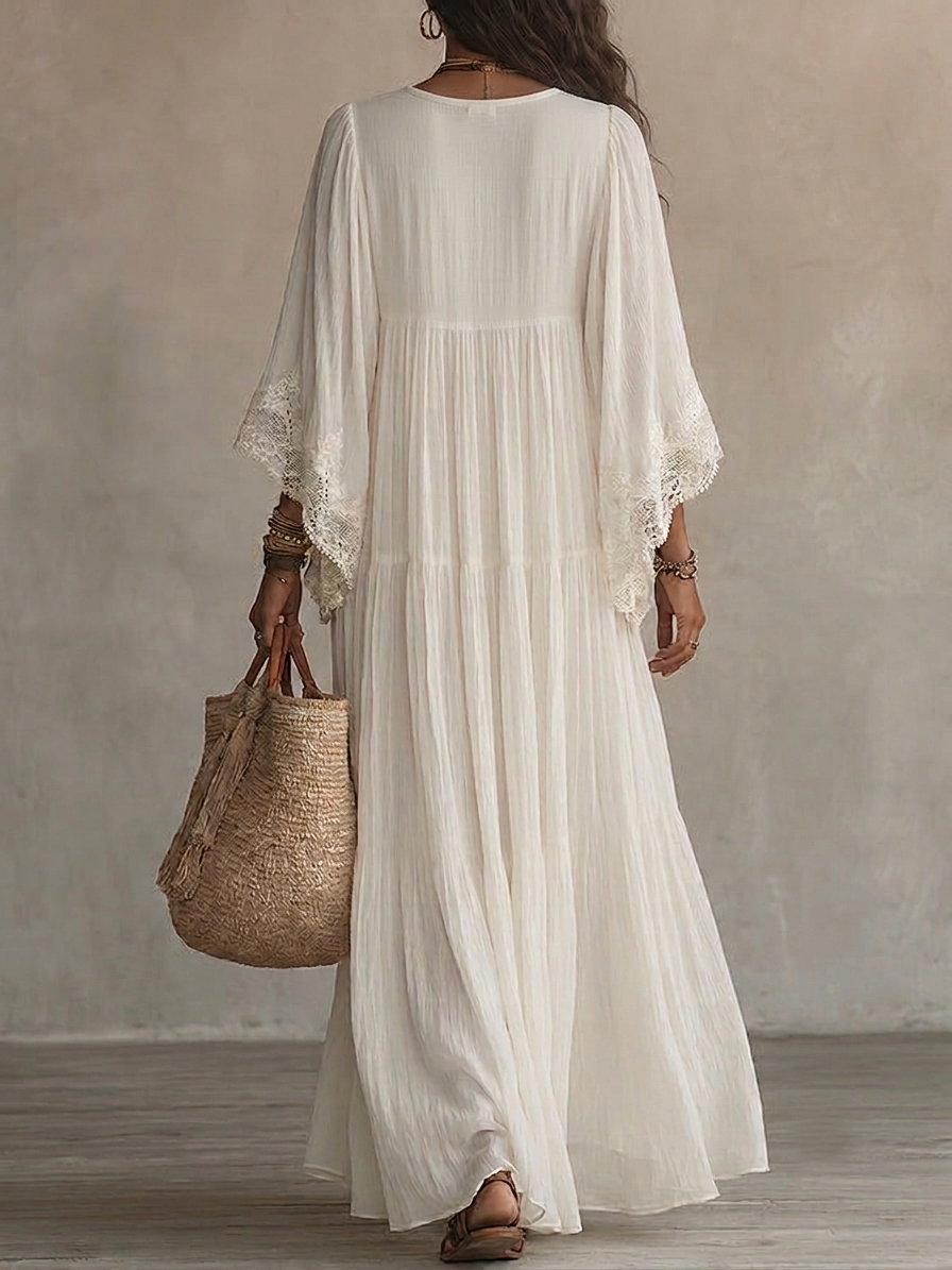 Witte Kanten V-hals Batwing Mouw Chiffon Maxi Jurk