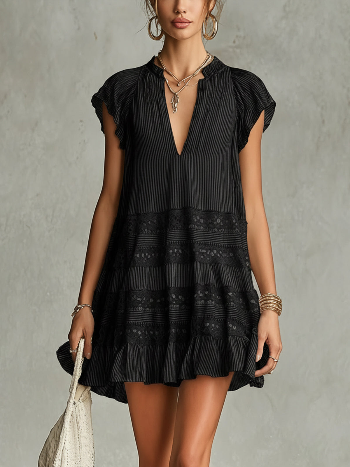Opal™ | Gestreepte Chiffon Mini-jurk met Rimpel en Kant