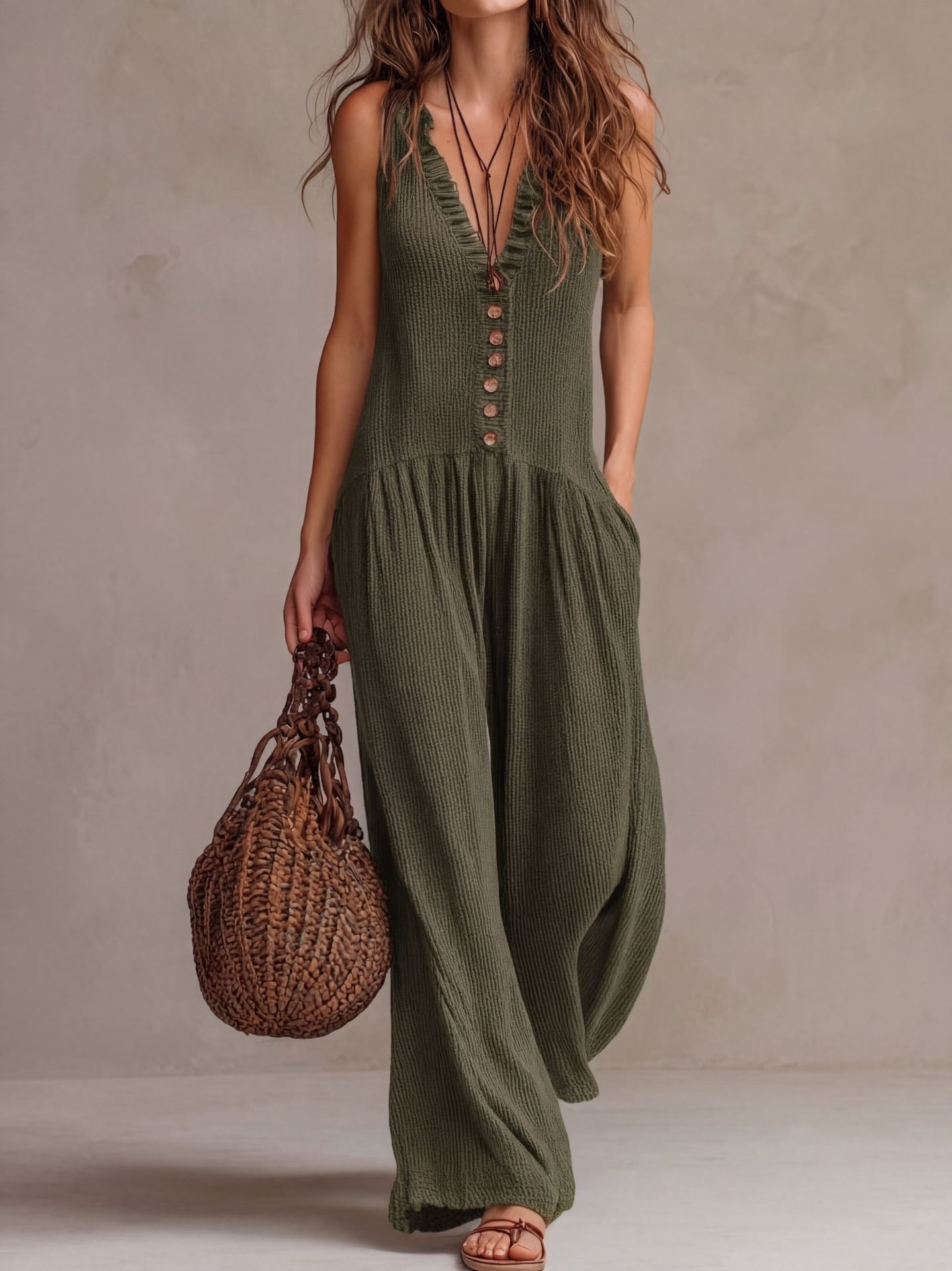 Valérie™ | Retro Rimpel V-hals Wijde Pijpen Jumpsuit