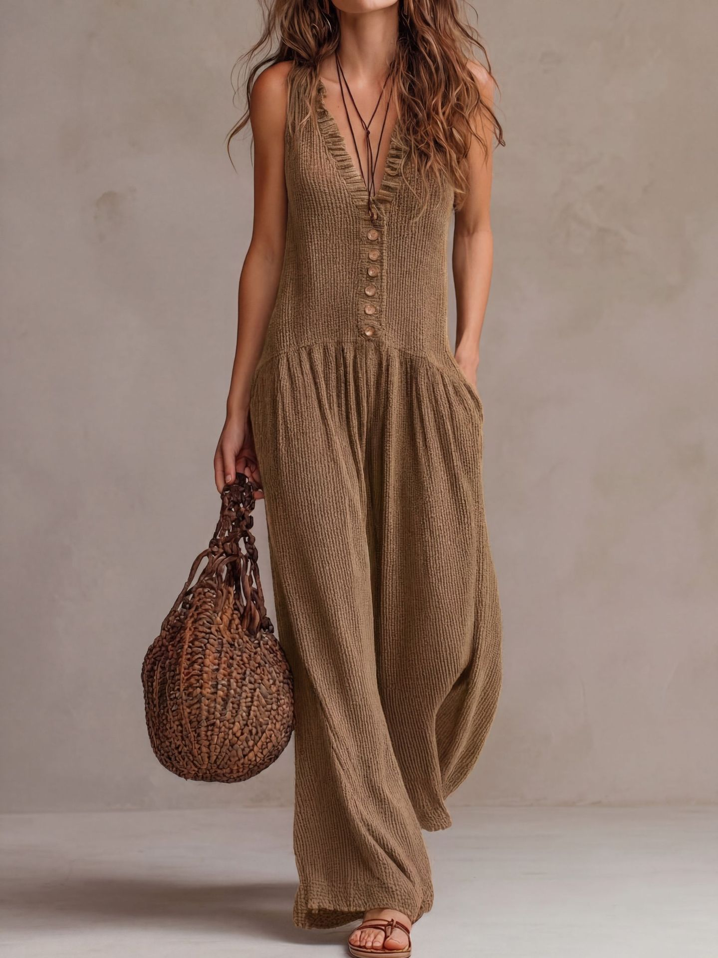 Valérie™ | Retro Rimpel V-hals Wijde Pijpen Jumpsuit